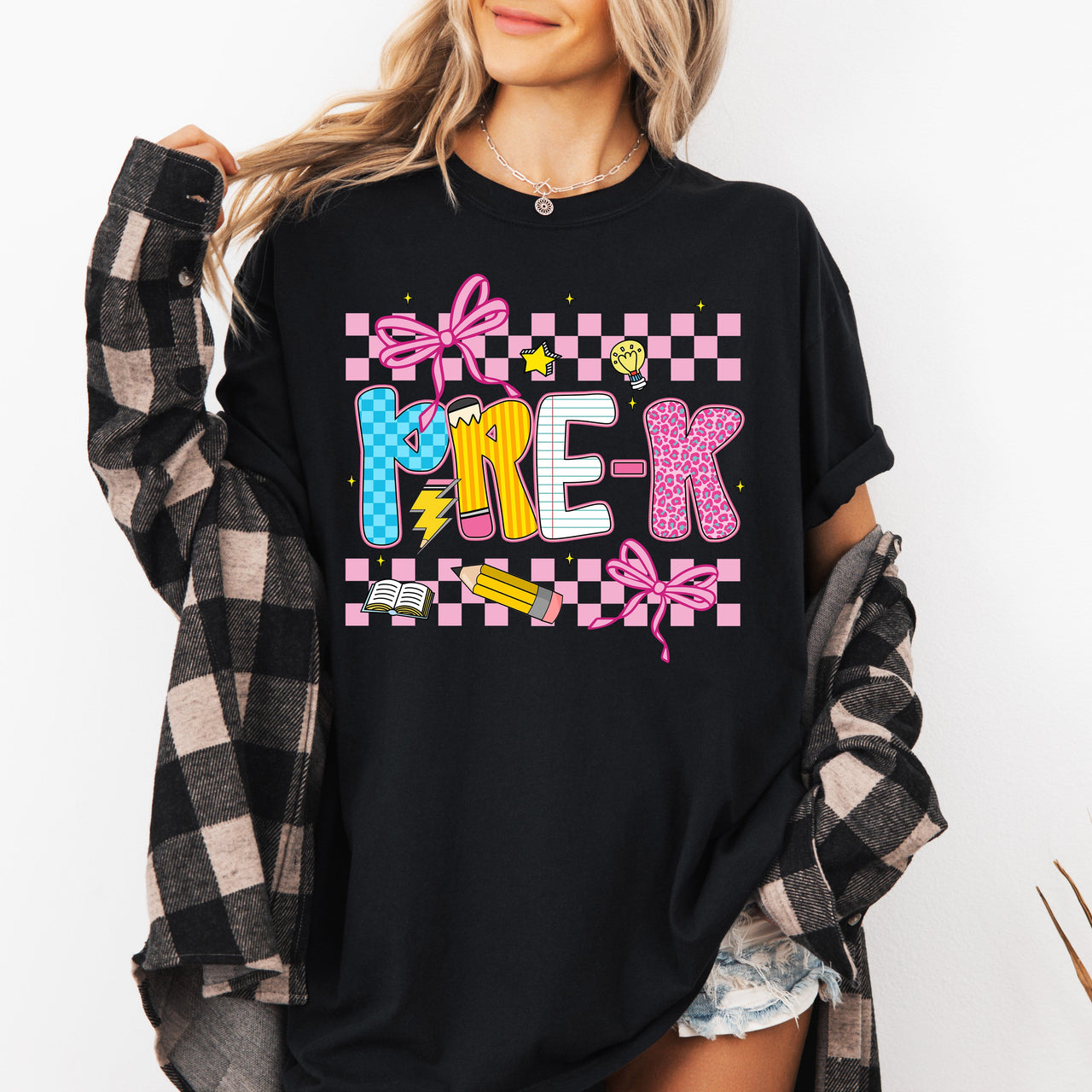 Pre-K Teacher Checkered Bow First Day Back To School Cute Teacher Appreciation Comfort Colors Tee