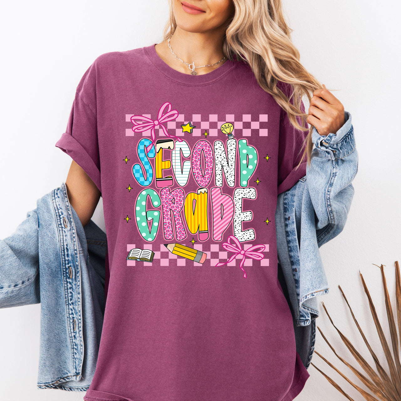 Second Grade Teacher Checkered Bow First Day Of School Back To Class Comfort Colors Tee