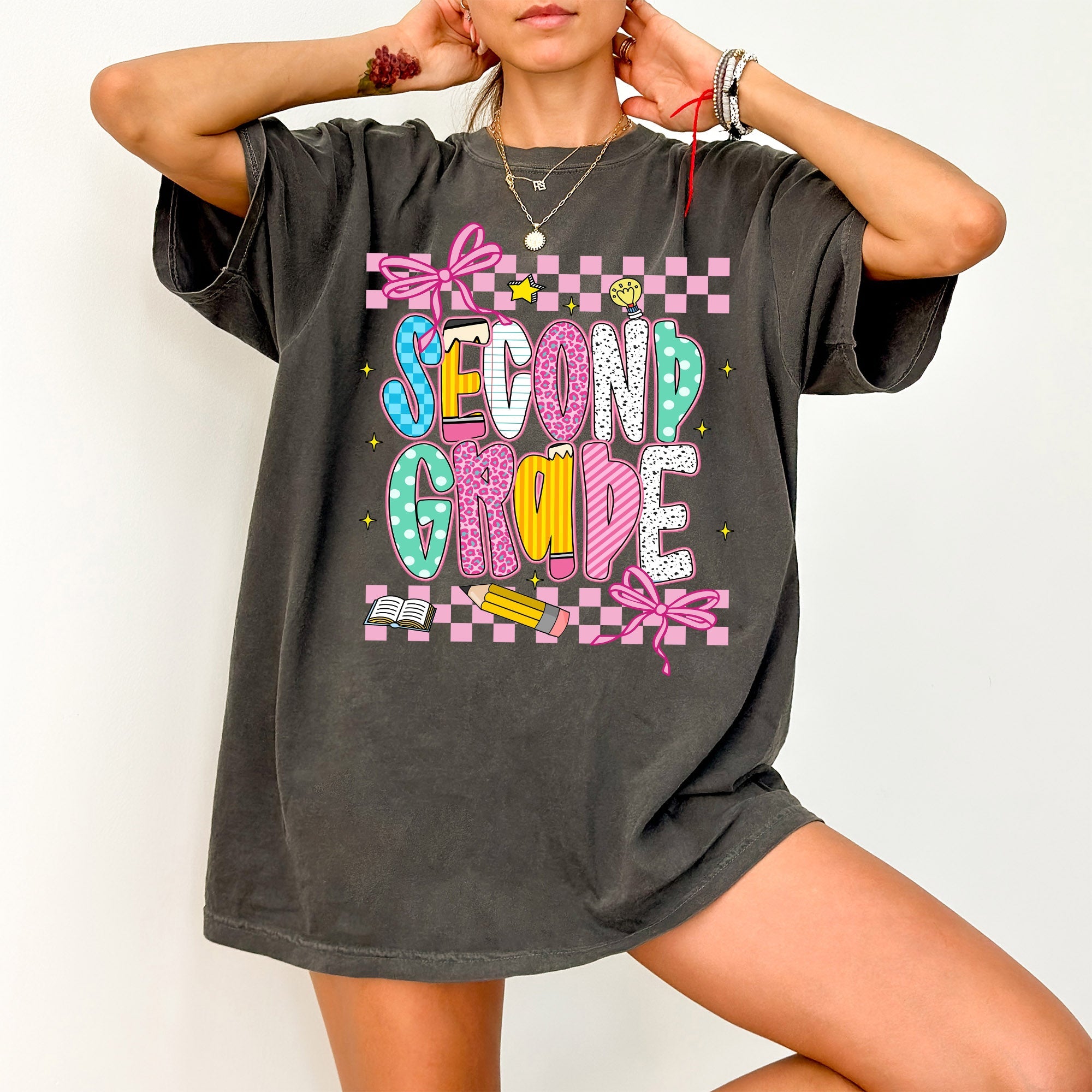 Second Grade Teacher Checkered Bow First Day Of School Back To Class Comfort Colors Tee