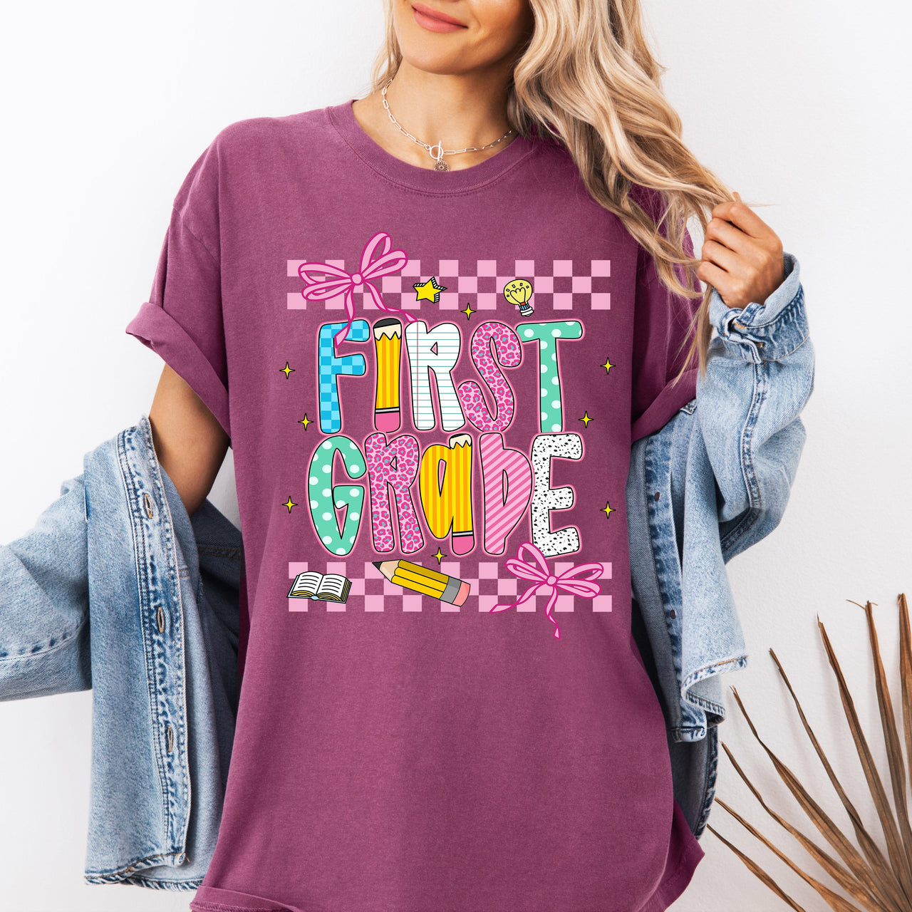 First Grade Teacher Bow Checkered Back To School Cute Coquette Comfort Colors Tee
