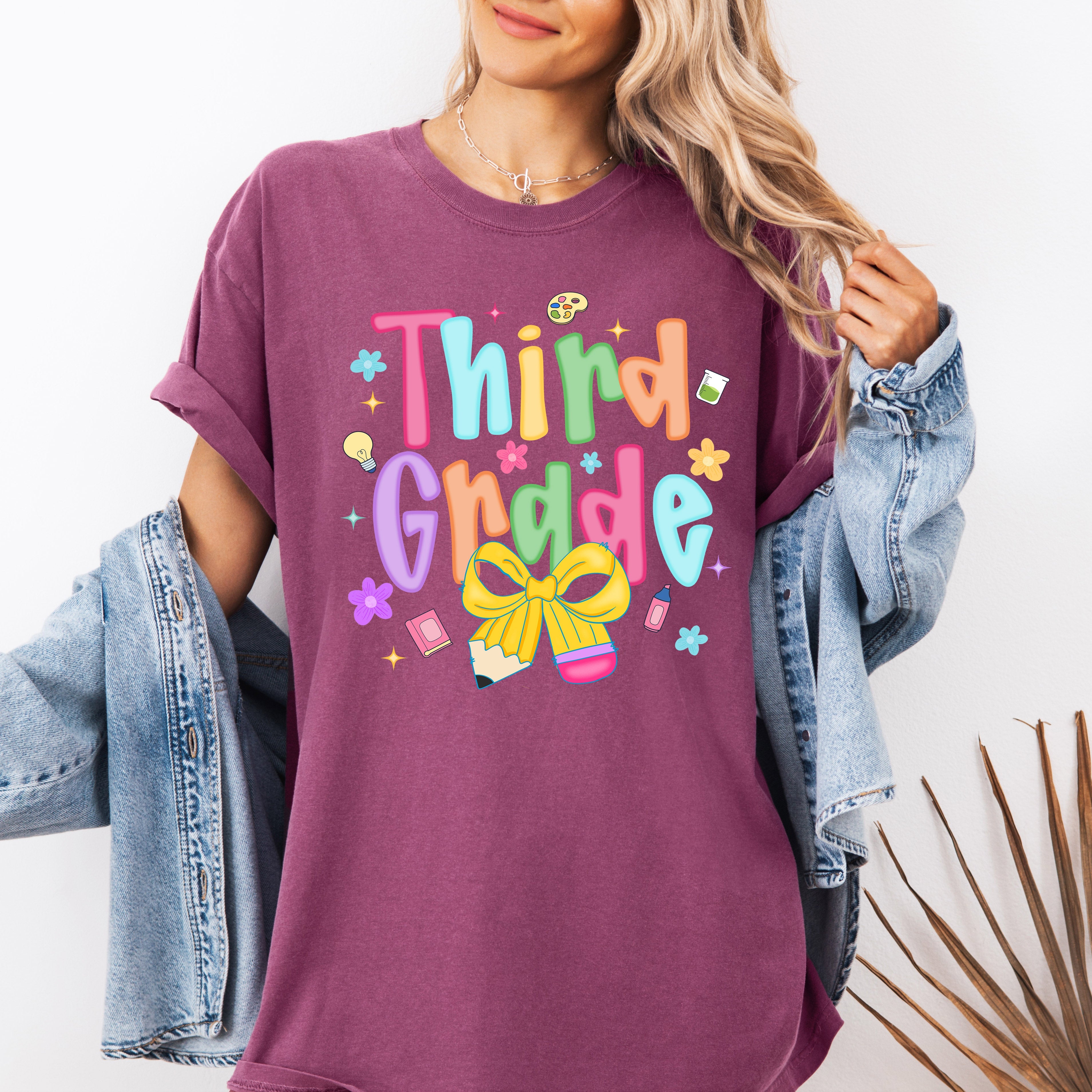 Third Grade Teacher First Day of School Neon Bow Back to School Celebration Graphic Comfort Colors Tee