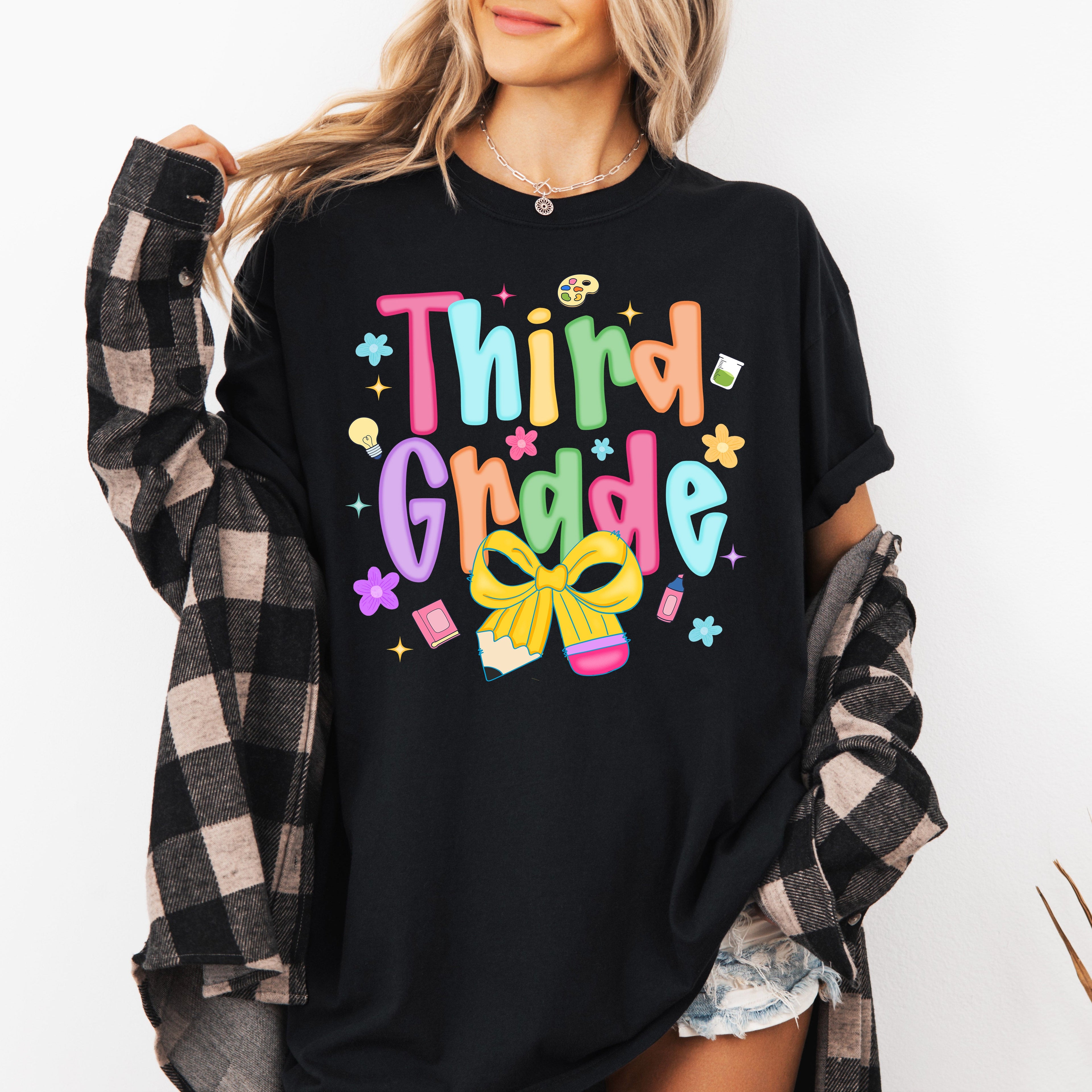 Third Grade Teacher First Day of School Neon Bow Back to School Celebration Graphic Comfort Colors Tee