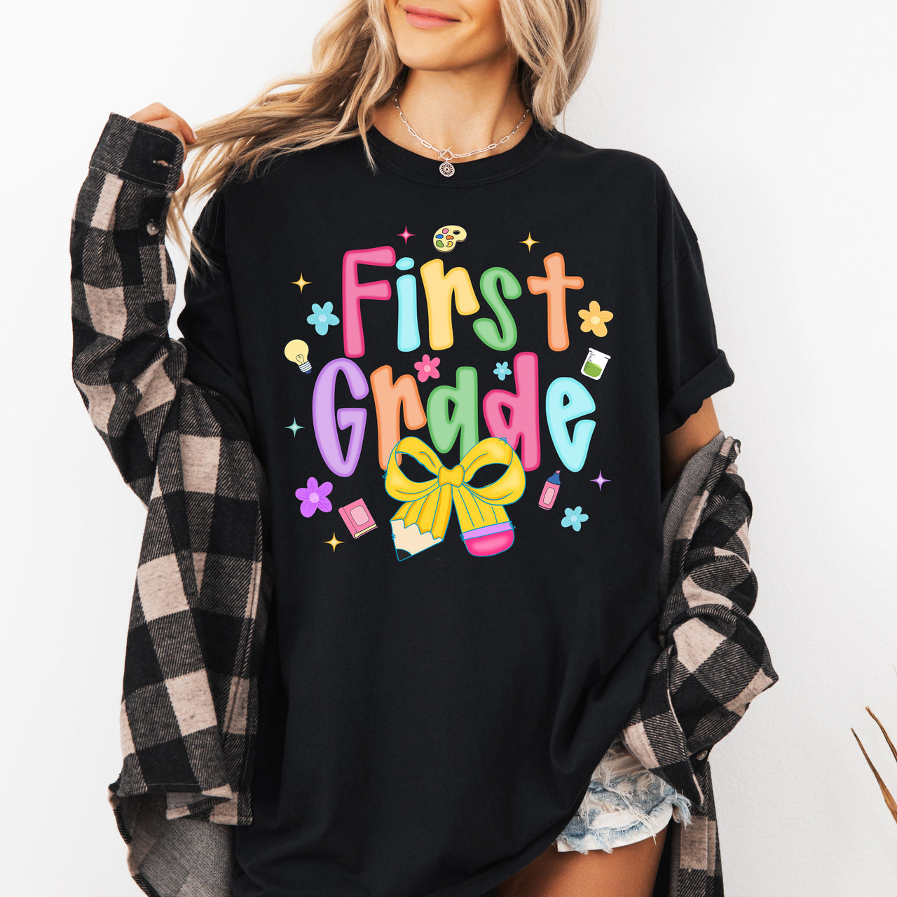 First Grade Teacher Neon Bow Graphic Back To School First Day Of School Celebration For Educators Comfort Colors Tee