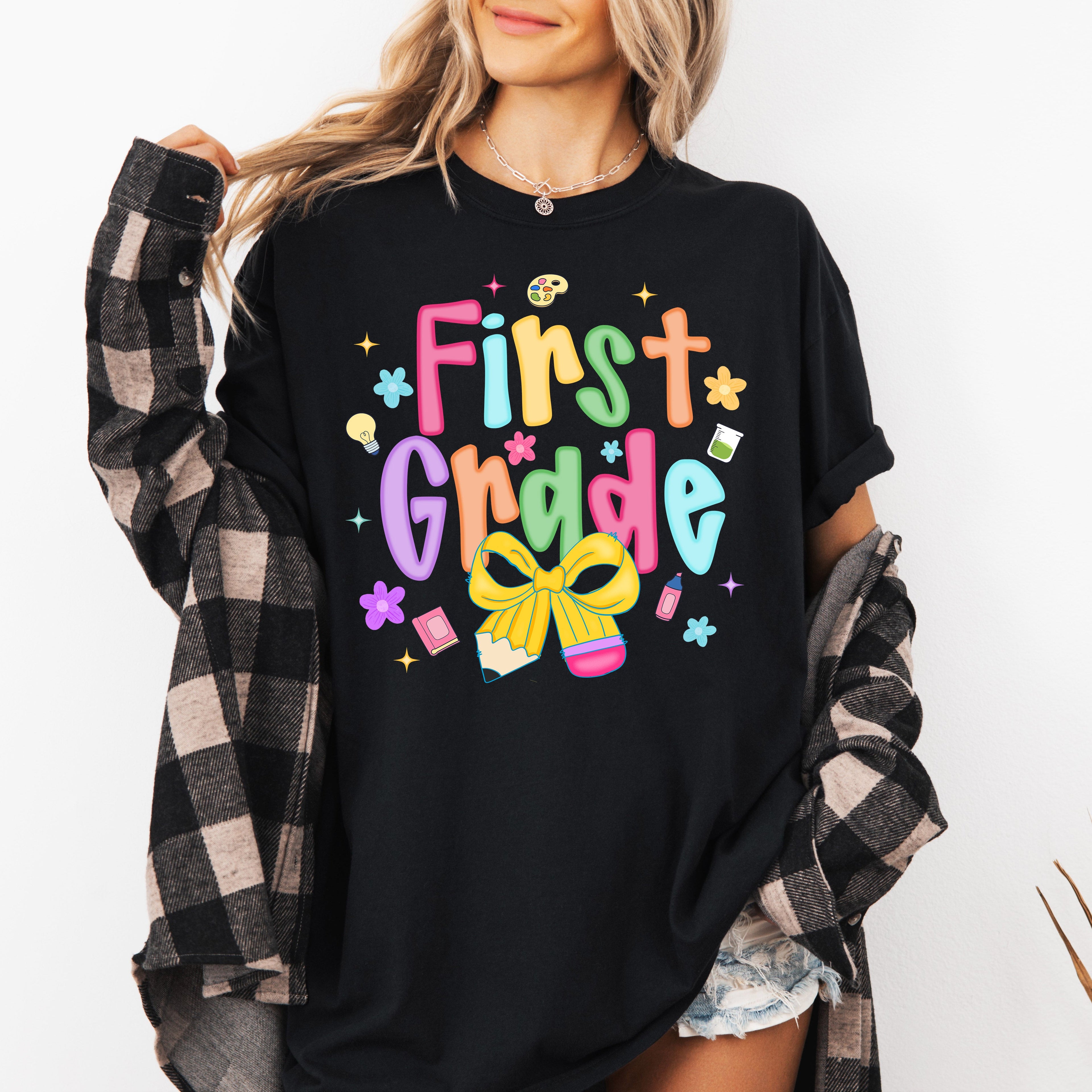 First Grade Teacher Neon Bow Graphic Back To School First Day Of School Celebration For Educators Comfort Colors Tee