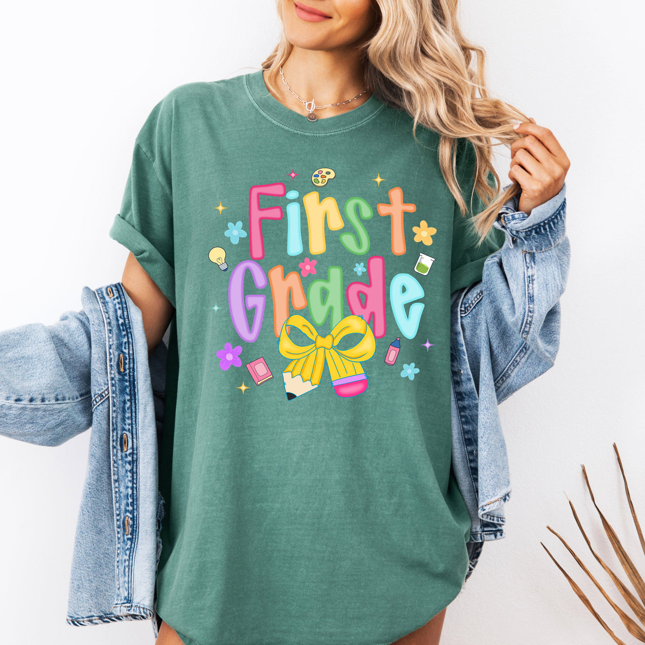 First Grade Teacher Neon Bow Graphic Back To School First Day Of School Celebration For Educators Comfort Colors Tee
