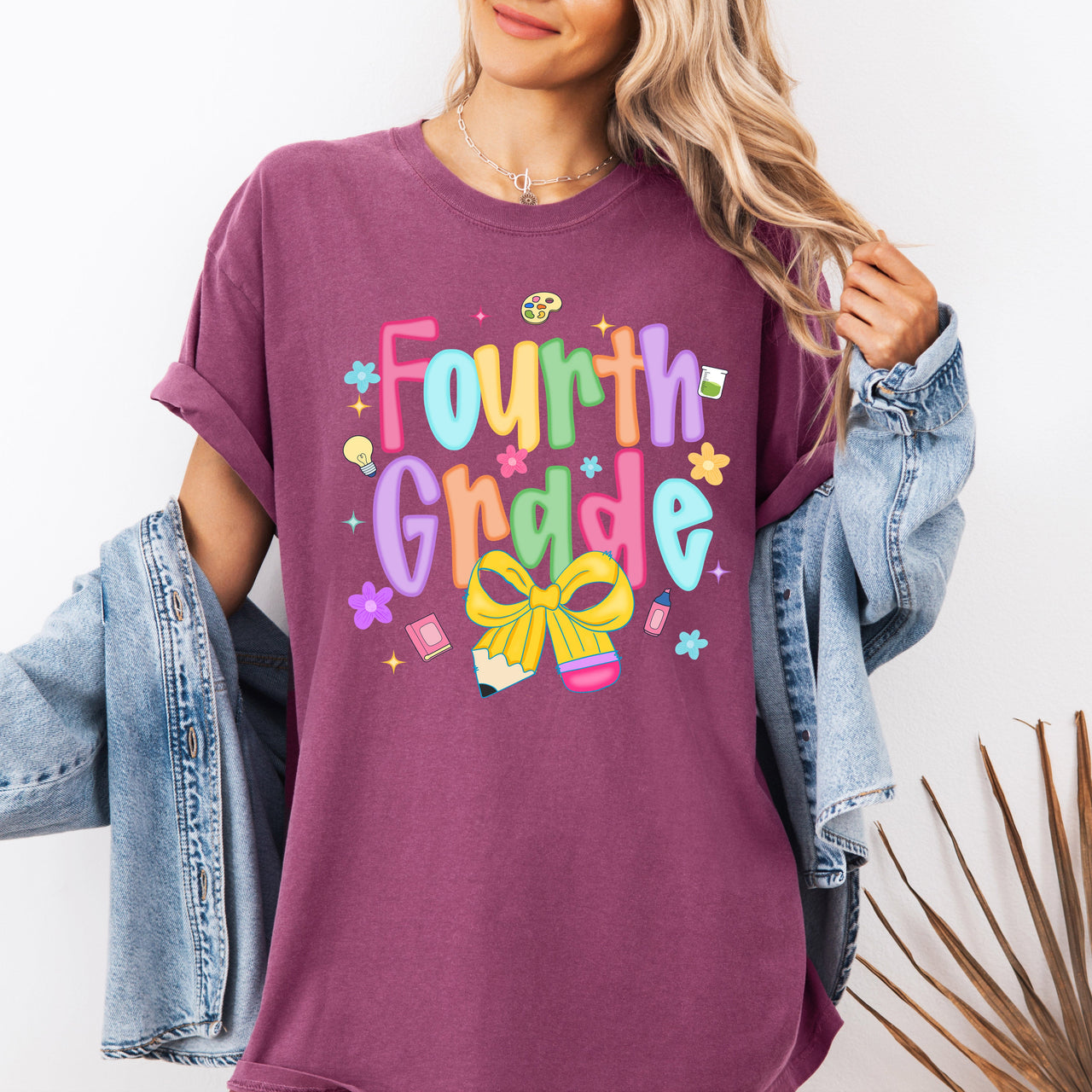 Fourth Grade Teacher Neon Bow First Day Of School Teacher Appreciation Comfort Colors Tee