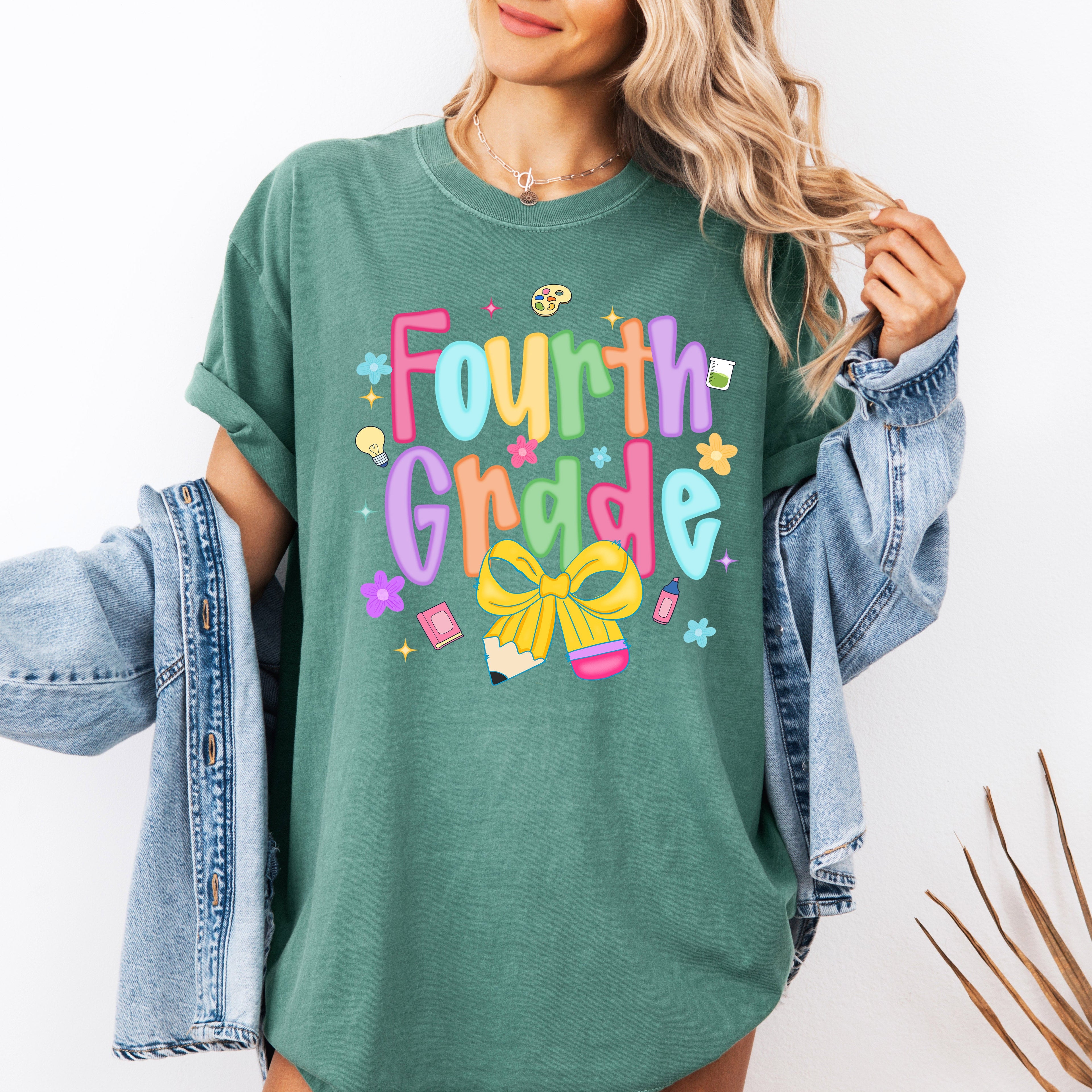 Fourth Grade Teacher Neon Bow First Day Of School Teacher Appreciation Comfort Colors Tee