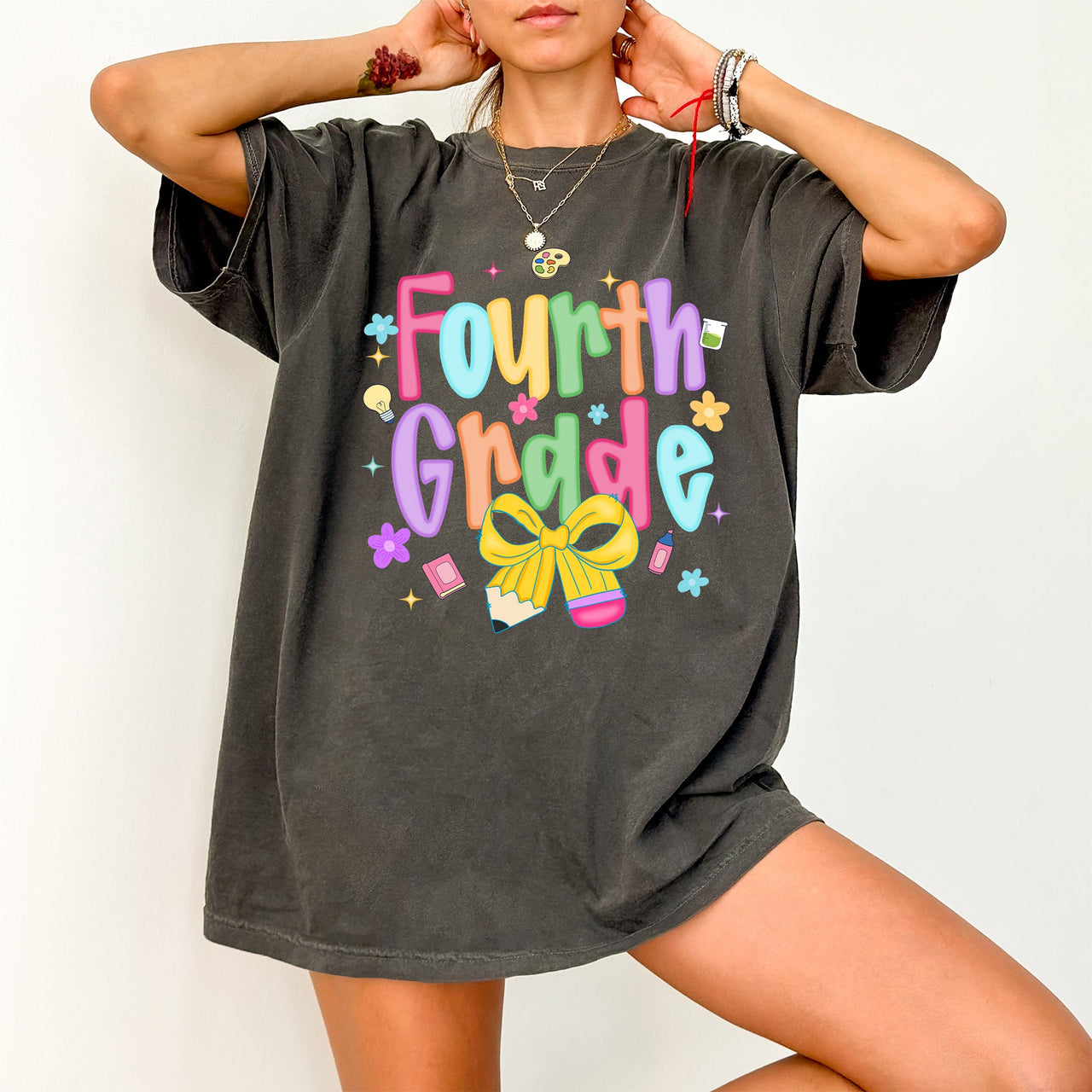 Fourth Grade Teacher Neon Bow First Day Of School Teacher Appreciation Comfort Colors Tee