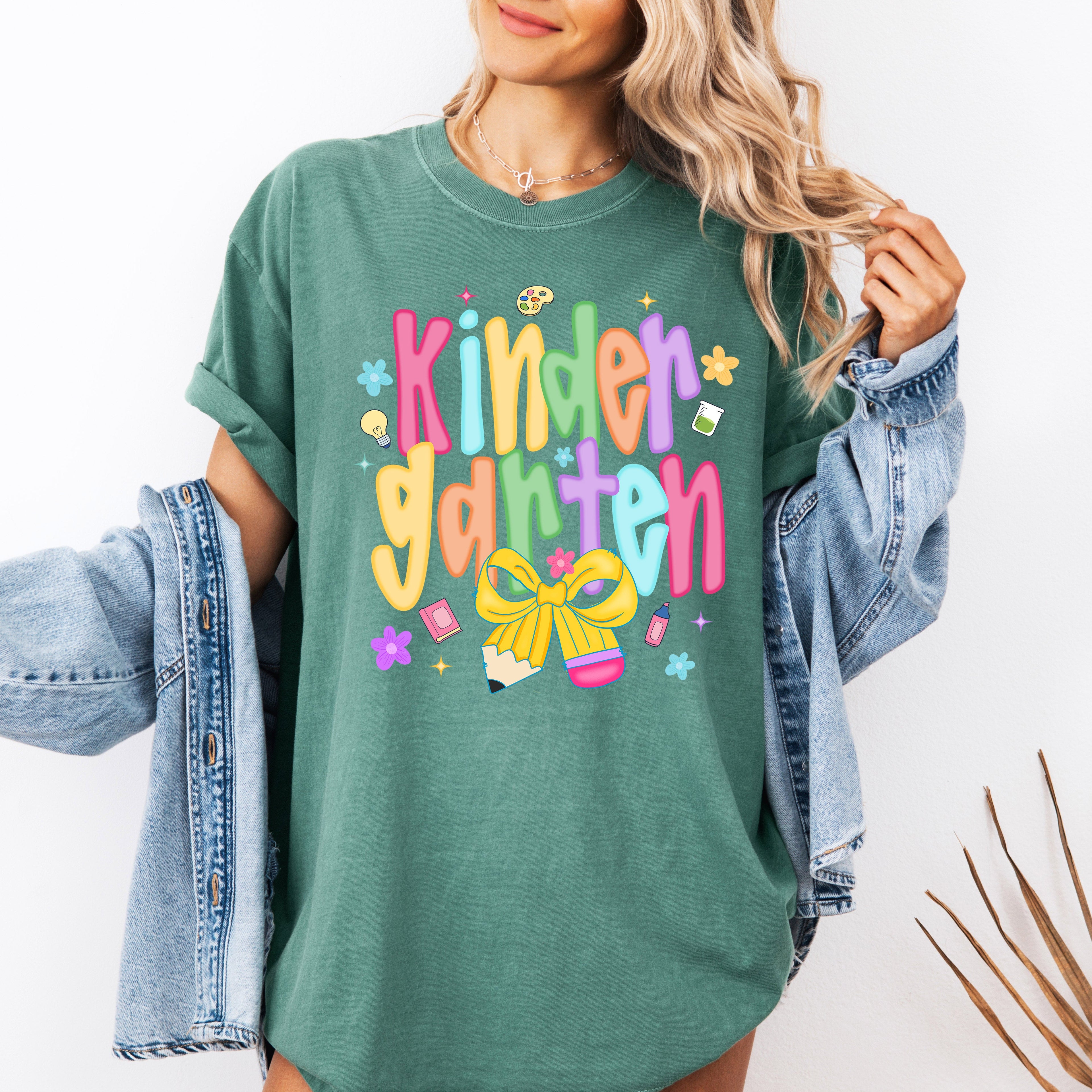 Kindergarten Teacher Back To School Neon Bow First Day Of School Teacher Appreciation Comfort Colors Tee