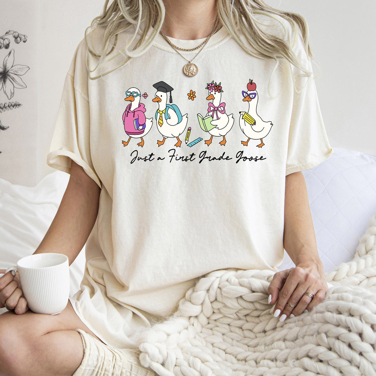 Just A First Grade Goose Teacher Back To School Bow First Day Teacher Appreciation Comfort Colors Tee