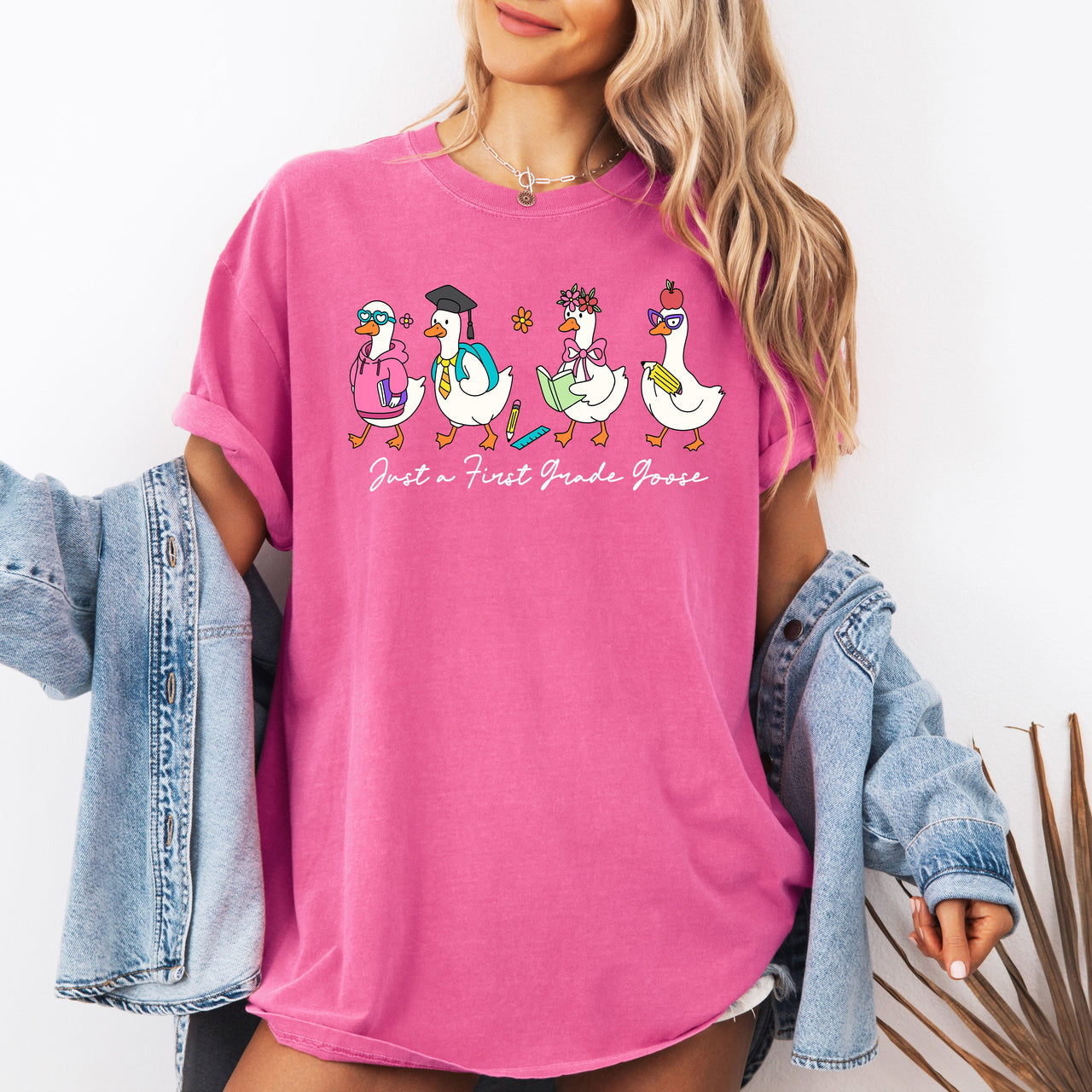 Just A First Grade Goose Teacher Back To School Bow First Day Teacher Appreciation Comfort Colors Tee