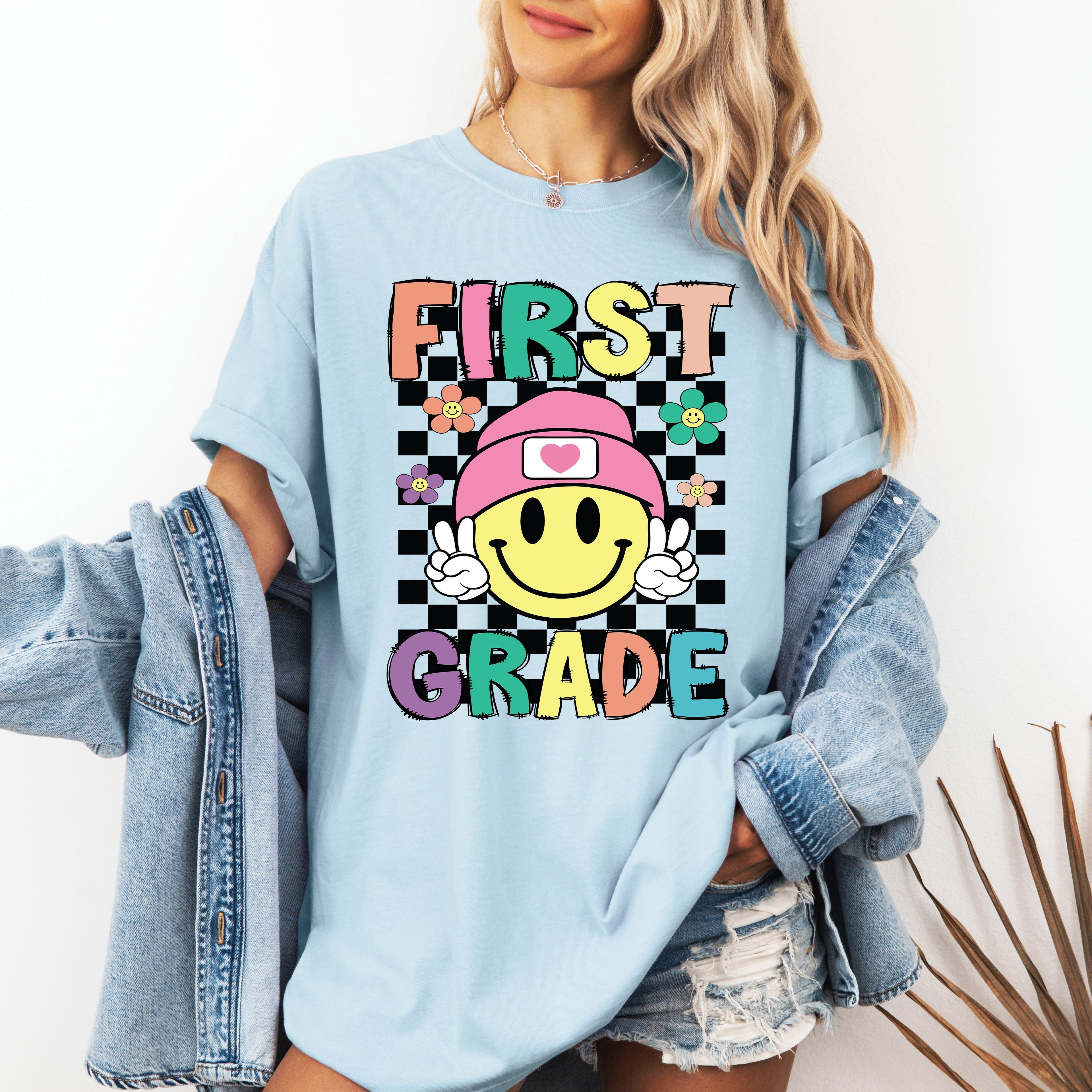 First Grade Smiley Face Teacher Back To School Spirit First Day Of School Comfort Colors Tee