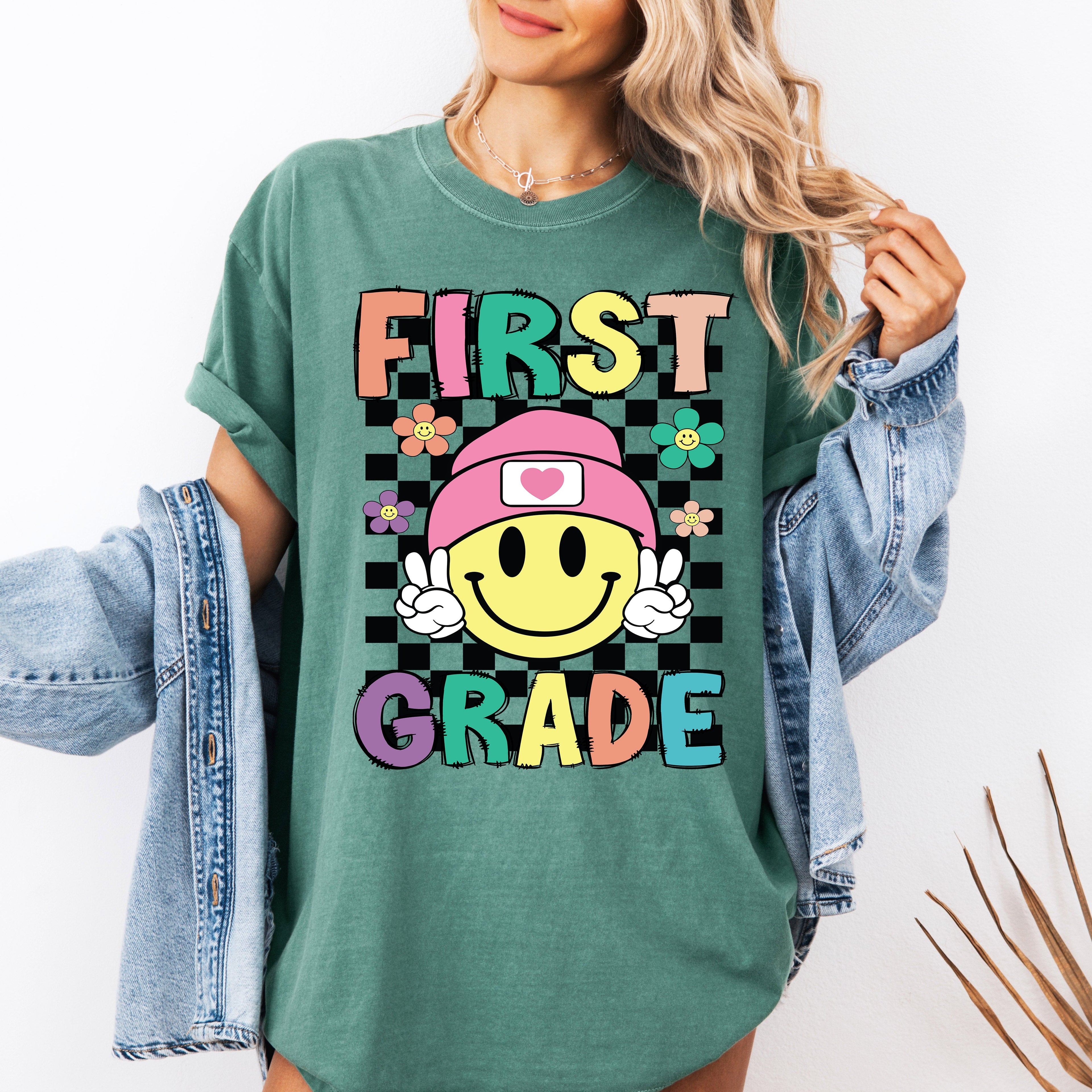 First Grade Smiley Face Teacher Back To School Spirit First Day Of School Comfort Colors Tee