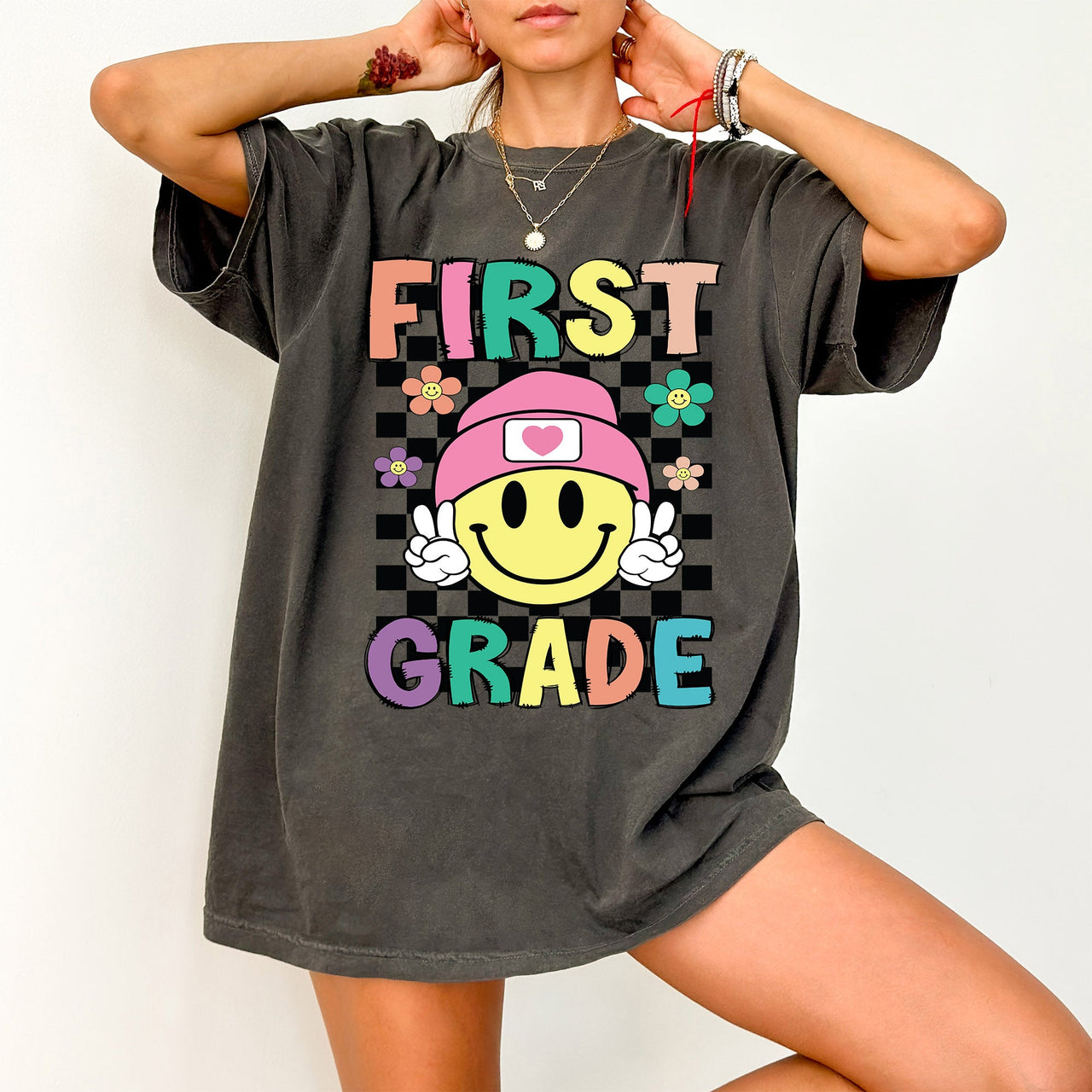 First Grade Smiley Face Teacher Back To School Spirit First Day Of School Comfort Colors Tee
