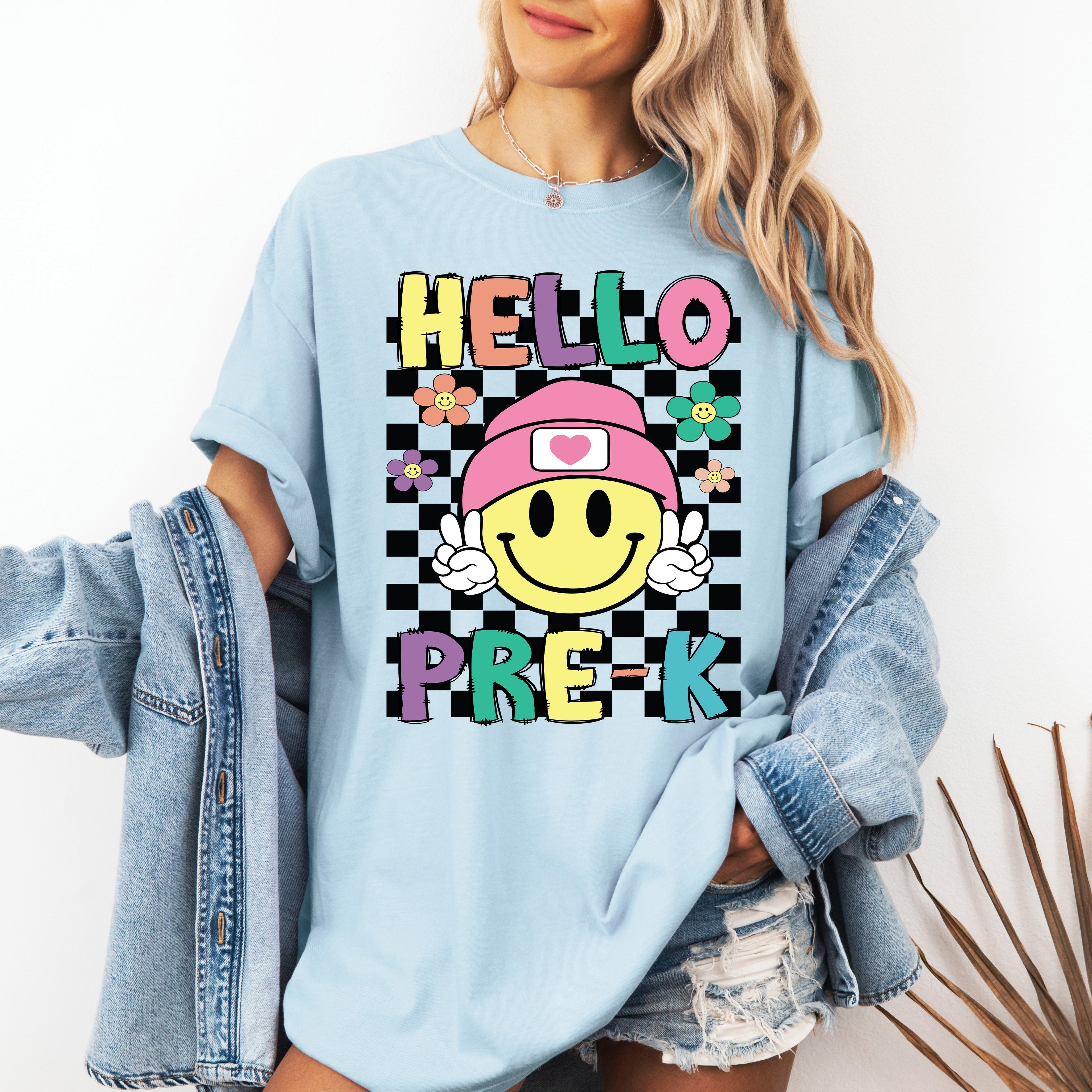Hello Pre-K Smiley Face Teacher Back To School First Day Celebration Comfort Colors Tee