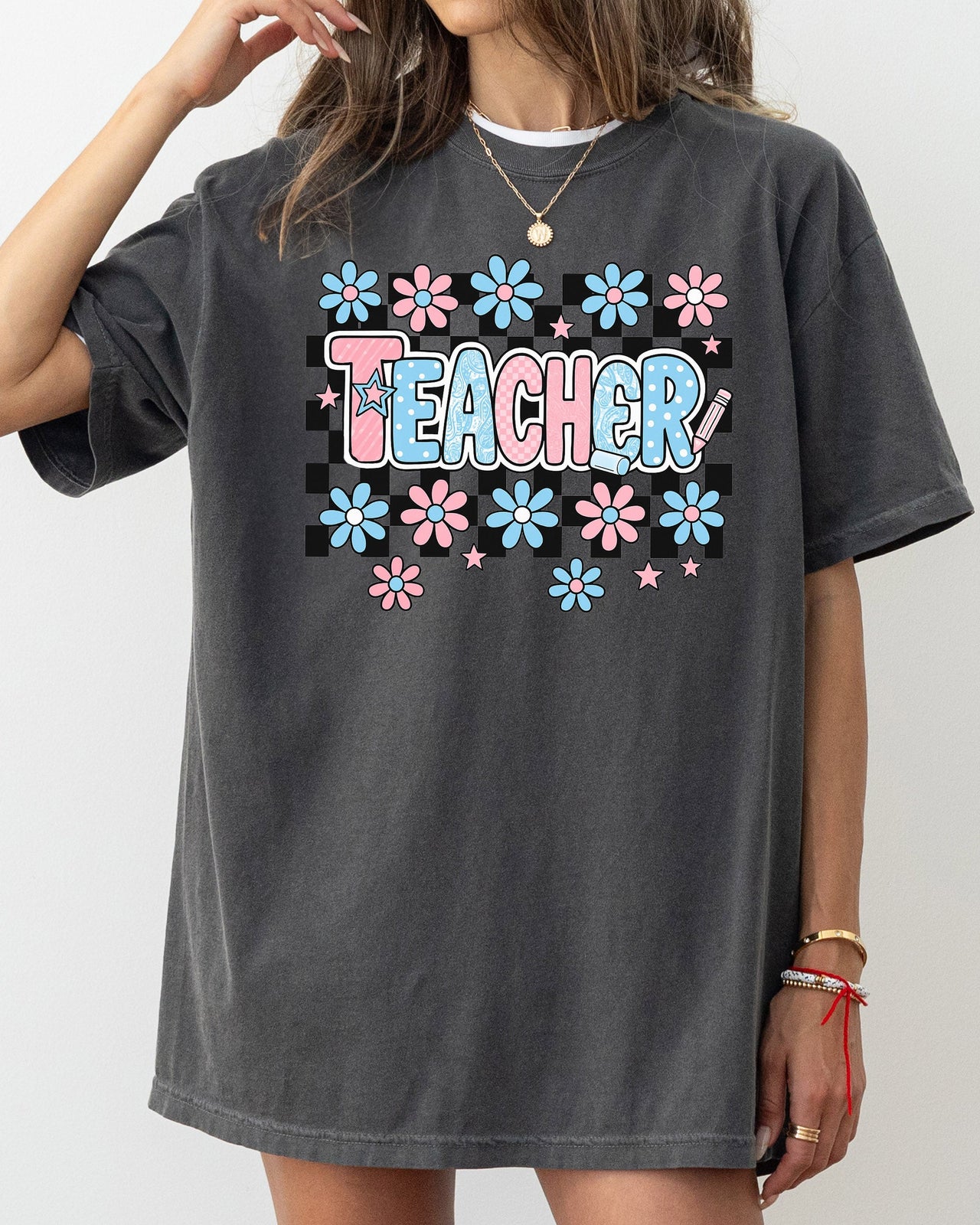 Teacher Checkered Retro Floral Back To School First Day Of School Cute Coquette Appreciation Comfort Colors Tee