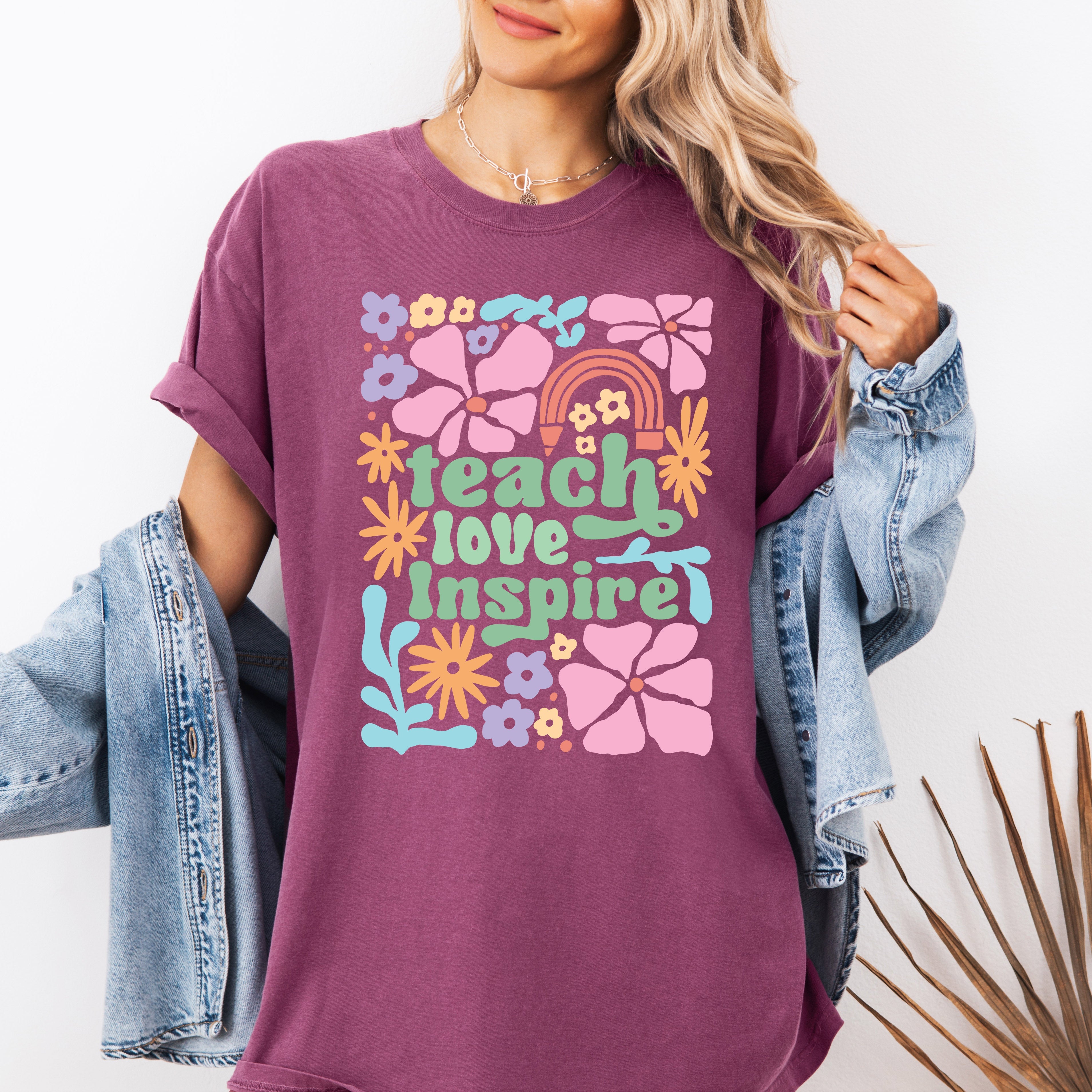 Teach Love Inspire Boho Floral Teacher Appreciation Motivational Educational Quote Comfort Colors Tee