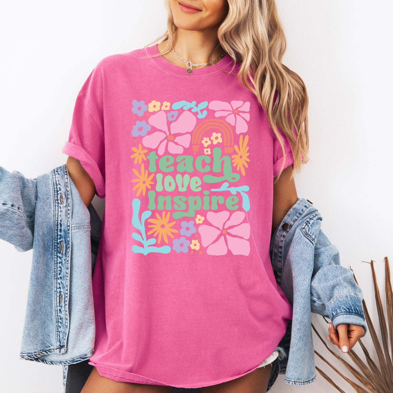 Teach Love Inspire Boho Floral Teacher Appreciation Motivational Educational Quote Comfort Colors Tee