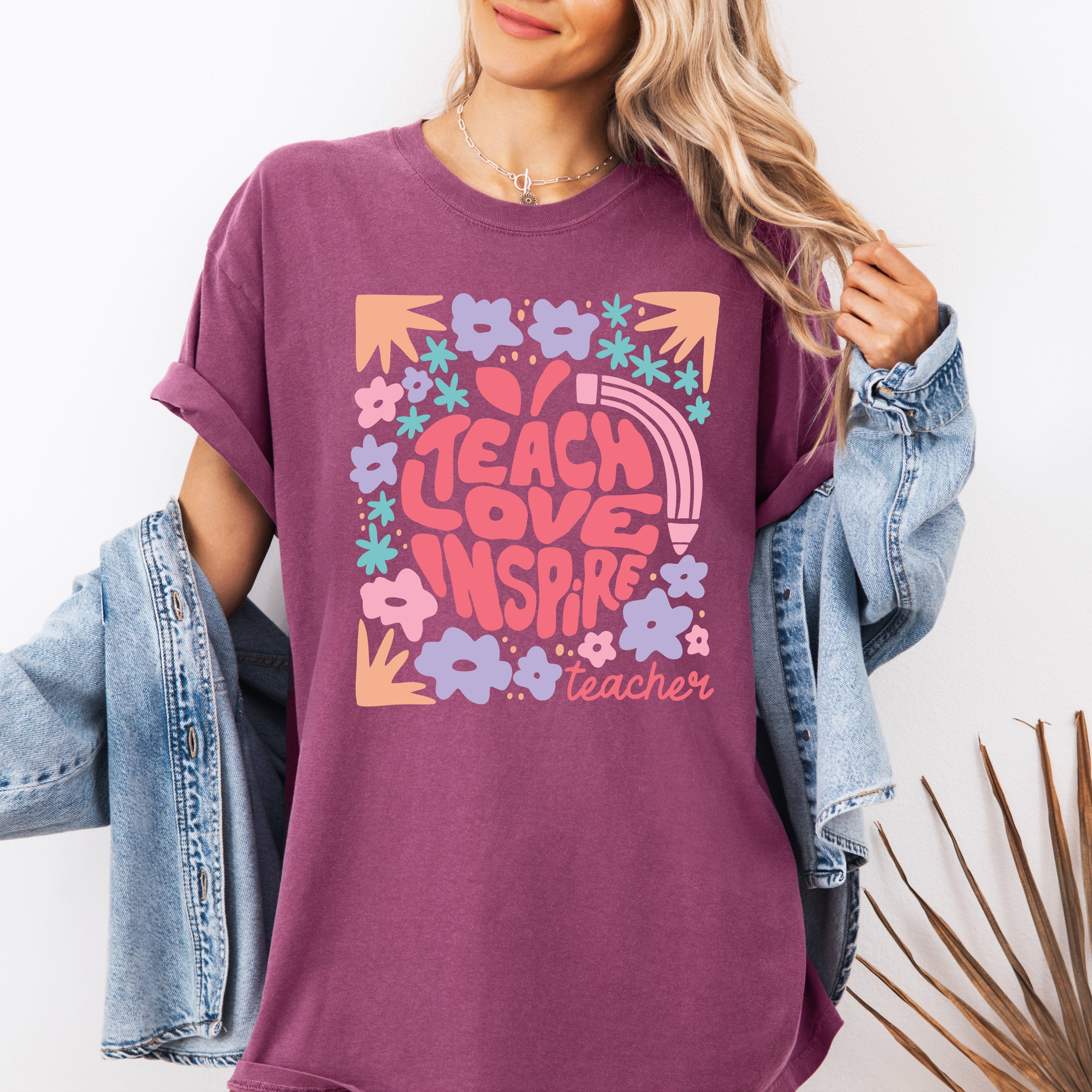 Teach Love Inspire Boho Floral Back To School First Day Of School Comfort Colors Tee