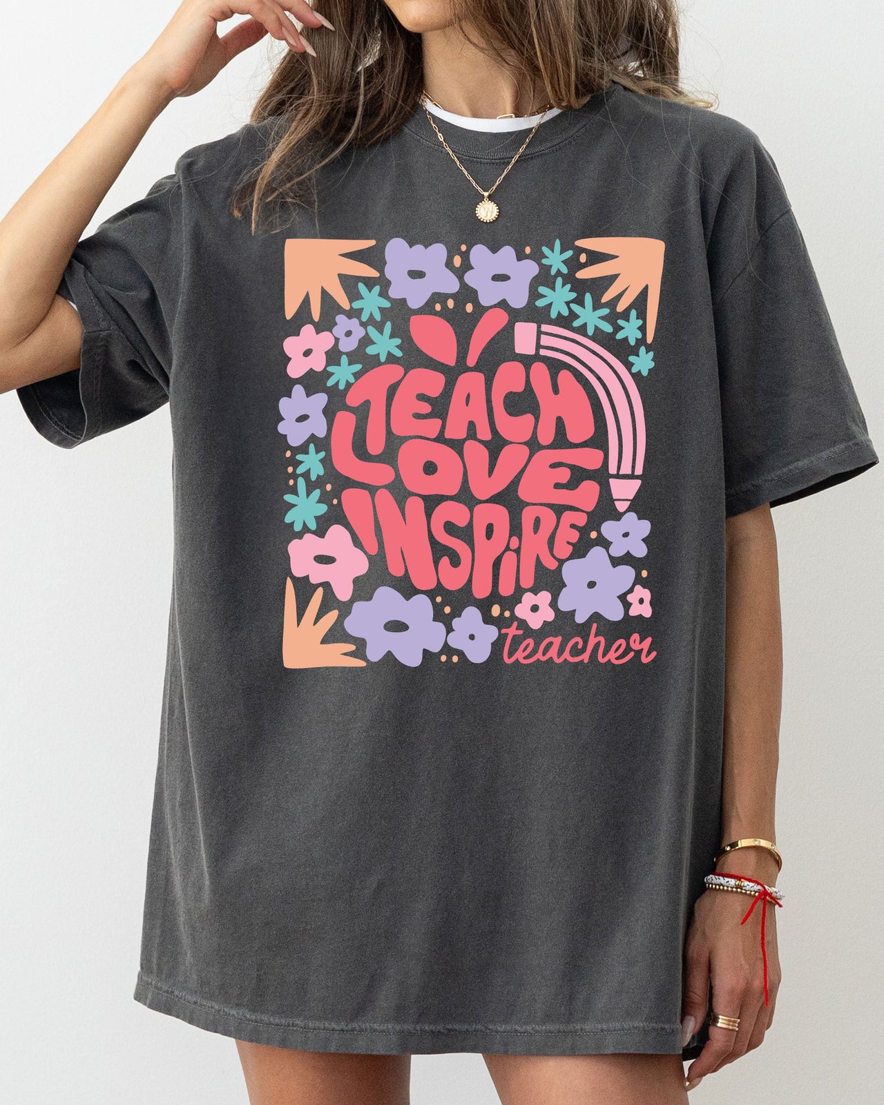 Teach Love Inspire Boho Floral Back To School First Day Of School Comfort Colors Tee