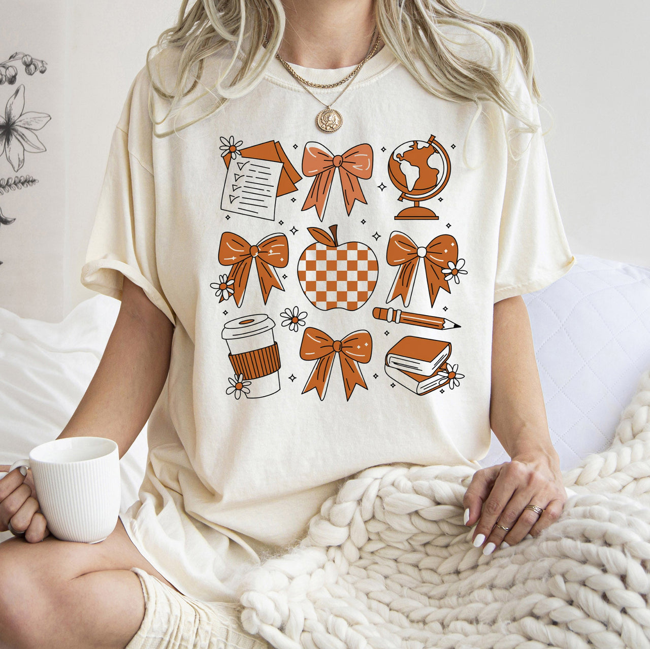 Back To School Bow Teacher Icons Coffee First Day Of School Coquette Comfort Colors Tee