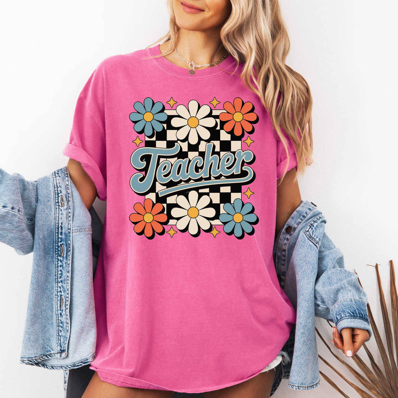 Retro Floral Checkered First Day Of School Teacher Appreciation Coquette Style Comfort Colors Tee