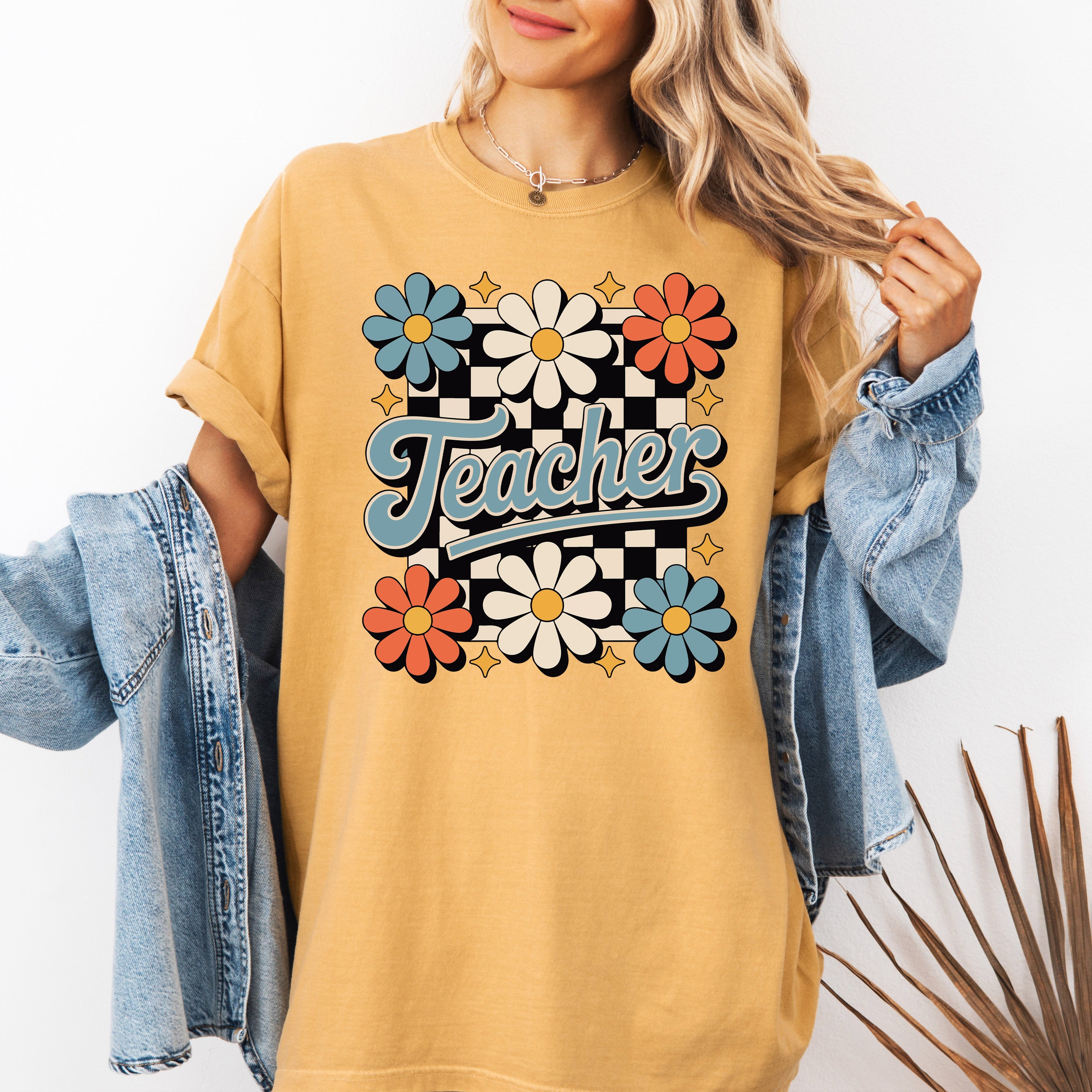 Retro Floral Checkered First Day Of School Teacher Appreciation Coquette Style Comfort Colors Tee