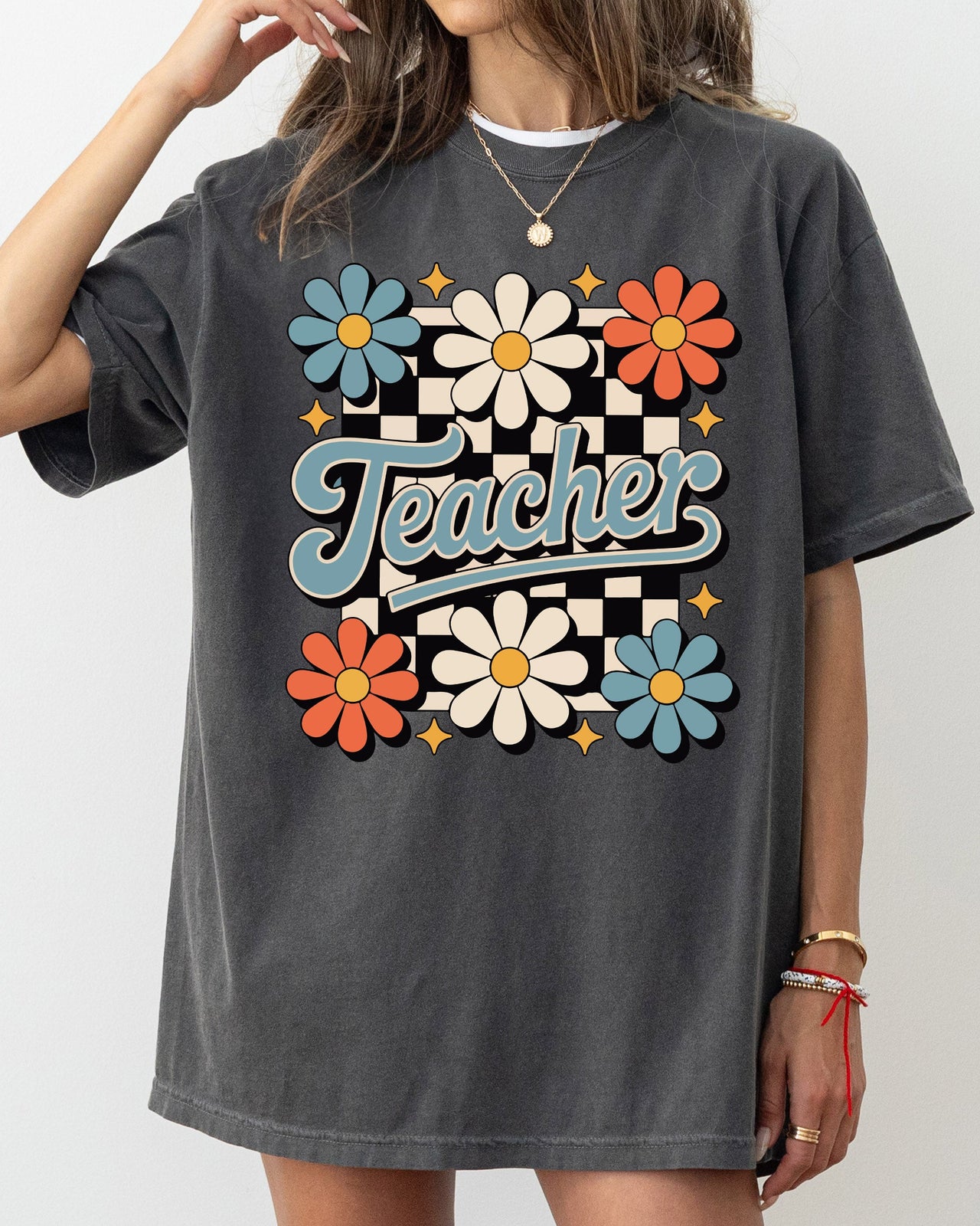Retro Floral Checkered First Day Of School Teacher Appreciation Coquette Style Comfort Colors Tee