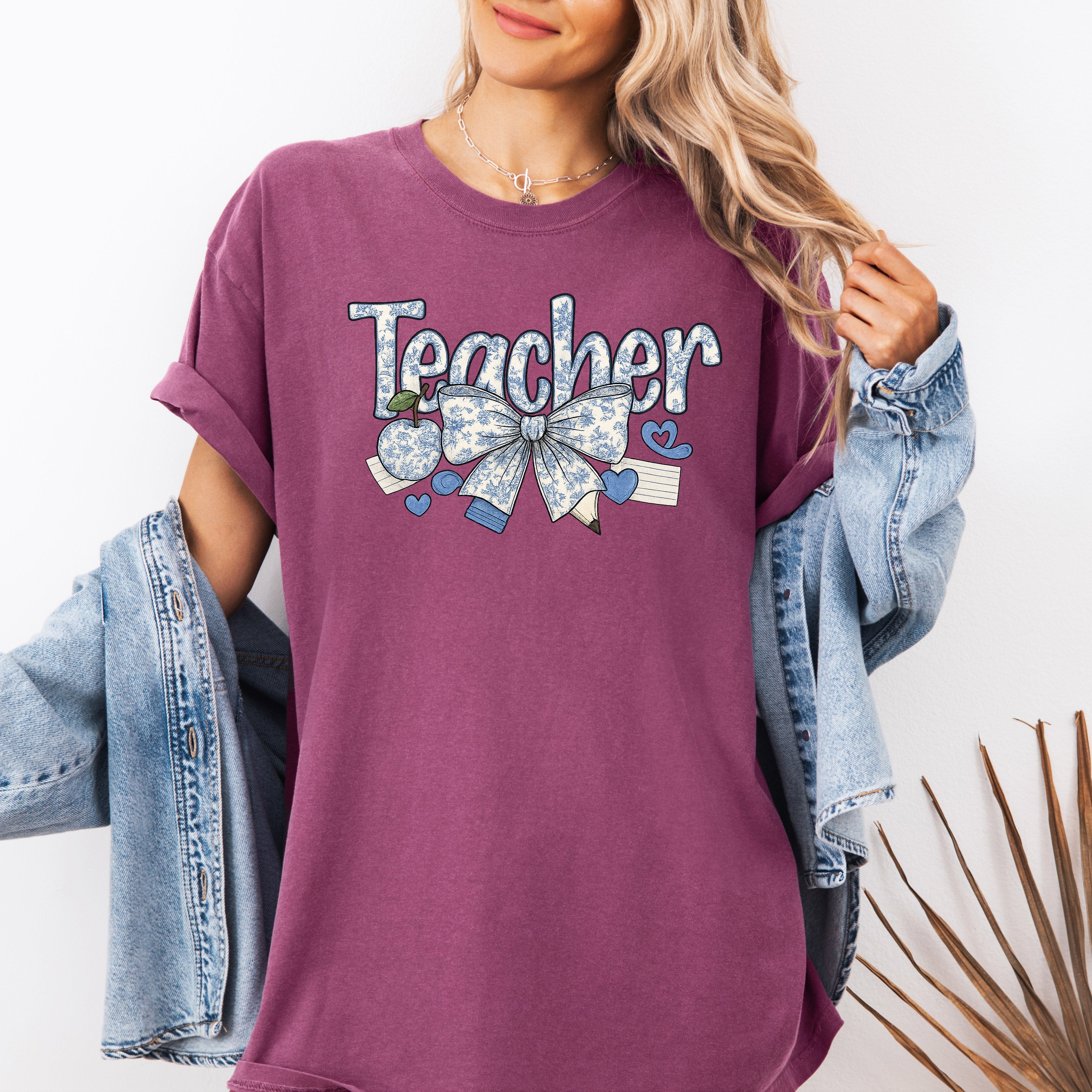 Teacher Chinoiserie Floral Bow First Day Of School Teacher Appreciation Comfort Colors Tee