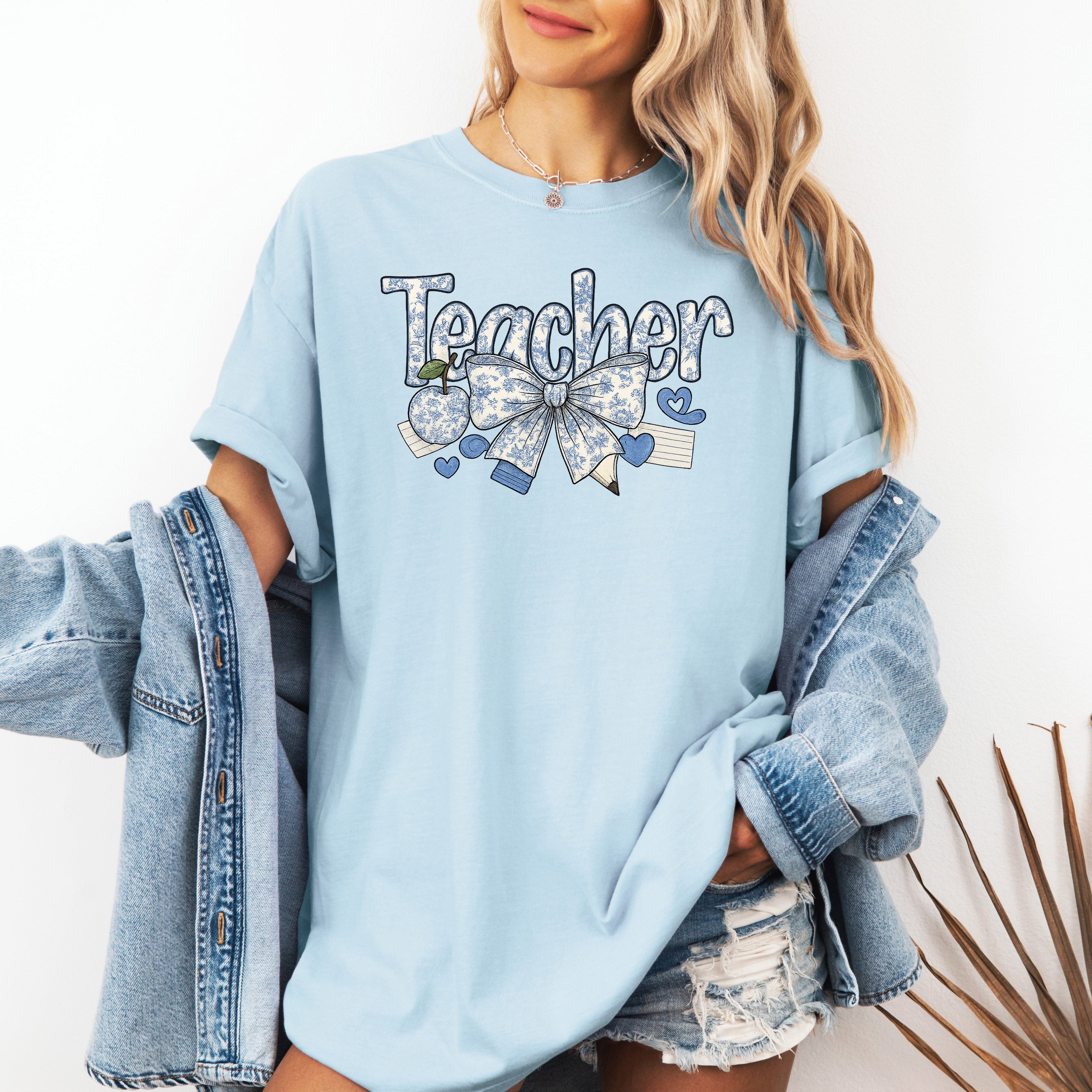 Teacher Chinoiserie Floral Bow First Day Of School Teacher Appreciation Comfort Colors Tee