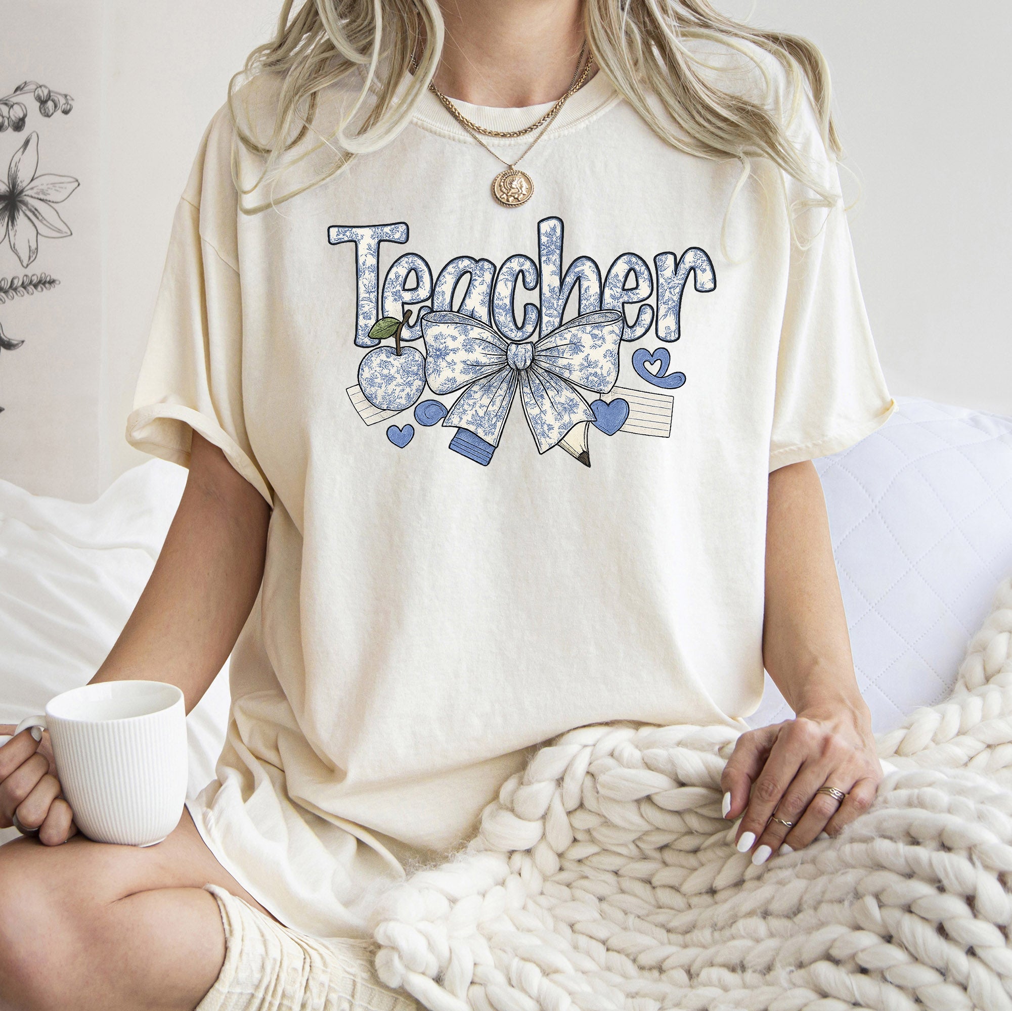 Teacher Chinoiserie Floral Bow First Day Of School Teacher Appreciation Comfort Colors Tee