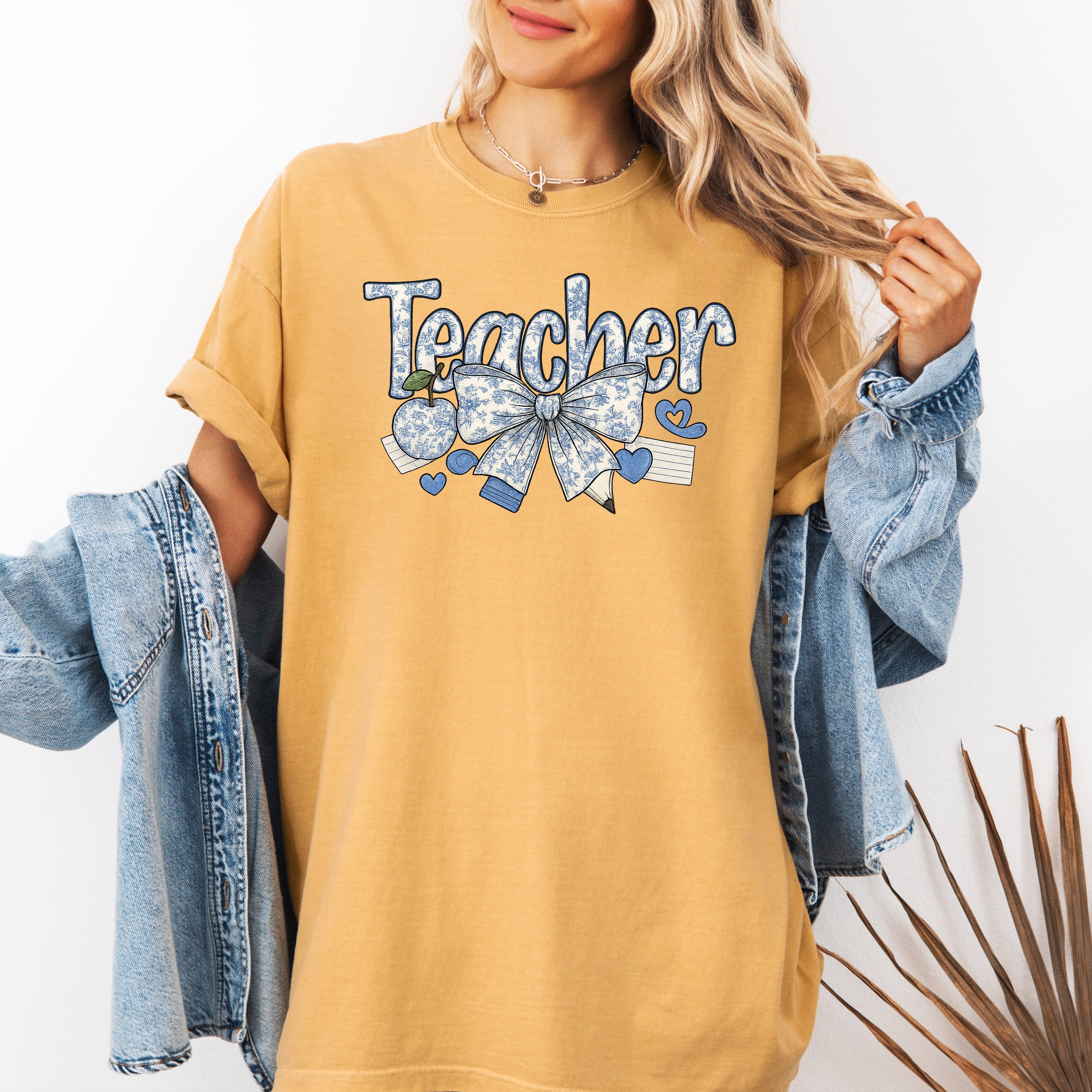 Teacher Chinoiserie Floral Bow First Day Of School Teacher Appreciation Comfort Colors Tee