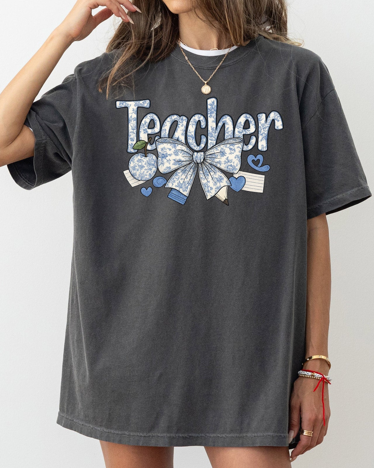 Teacher Chinoiserie Floral Bow First Day Of School Teacher Appreciation Comfort Colors Tee
