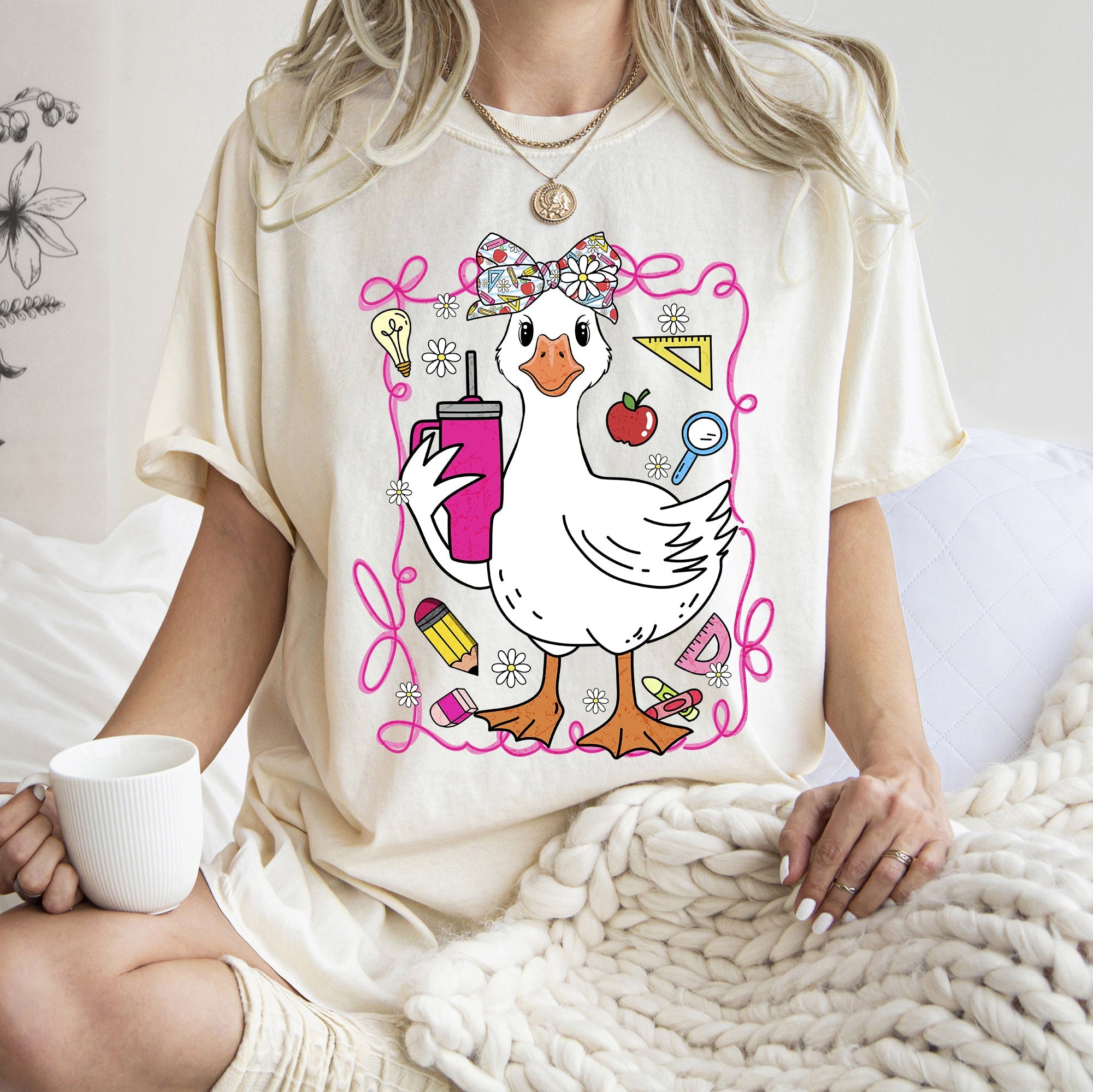 Teacher Goose Floral Coffee First Day Of School Teacher Appreciation Comfort Colors Tee