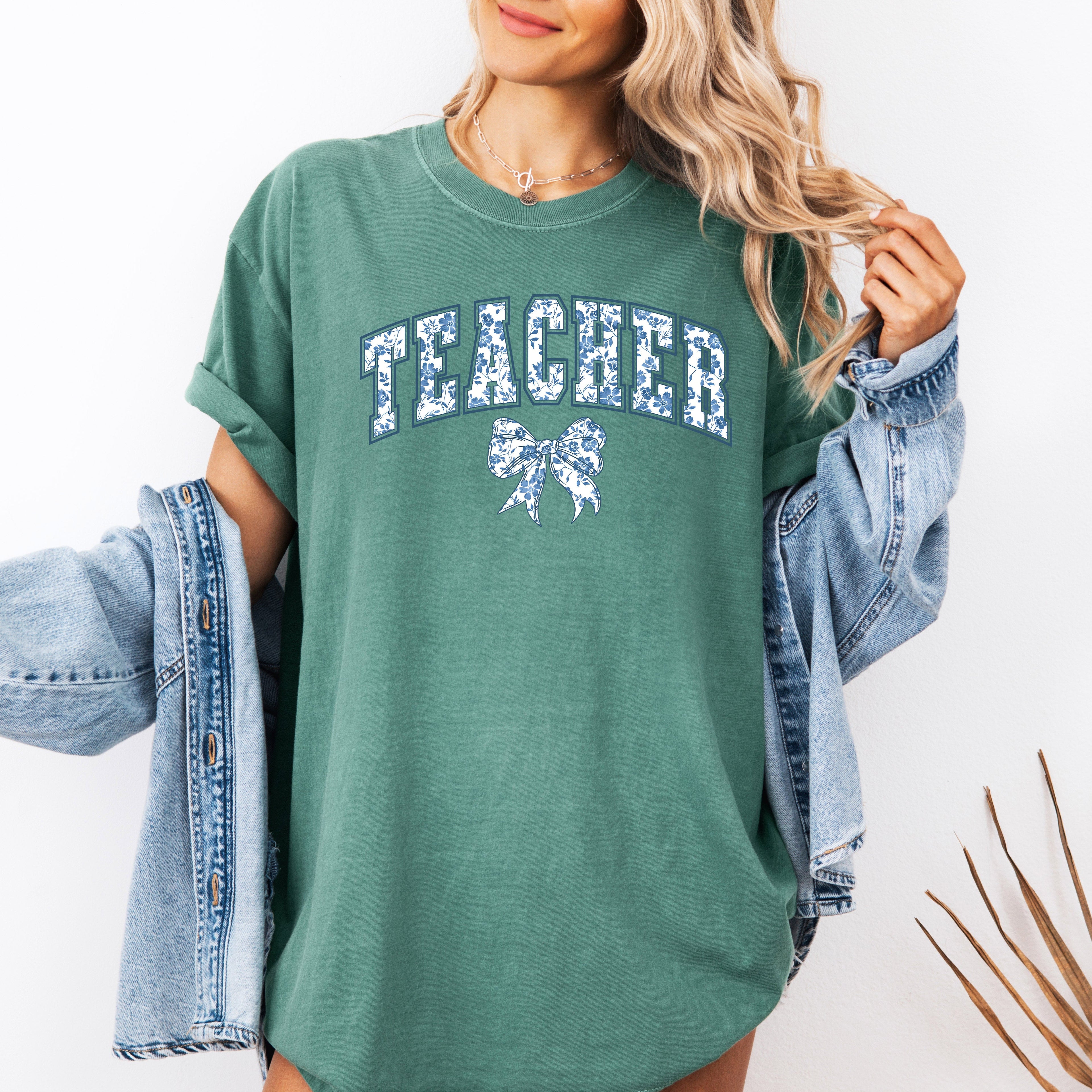 Teacher Goose Blue Floral Bow First Day Of School Teacher Appreciation Coquette Comfort Colors Tee