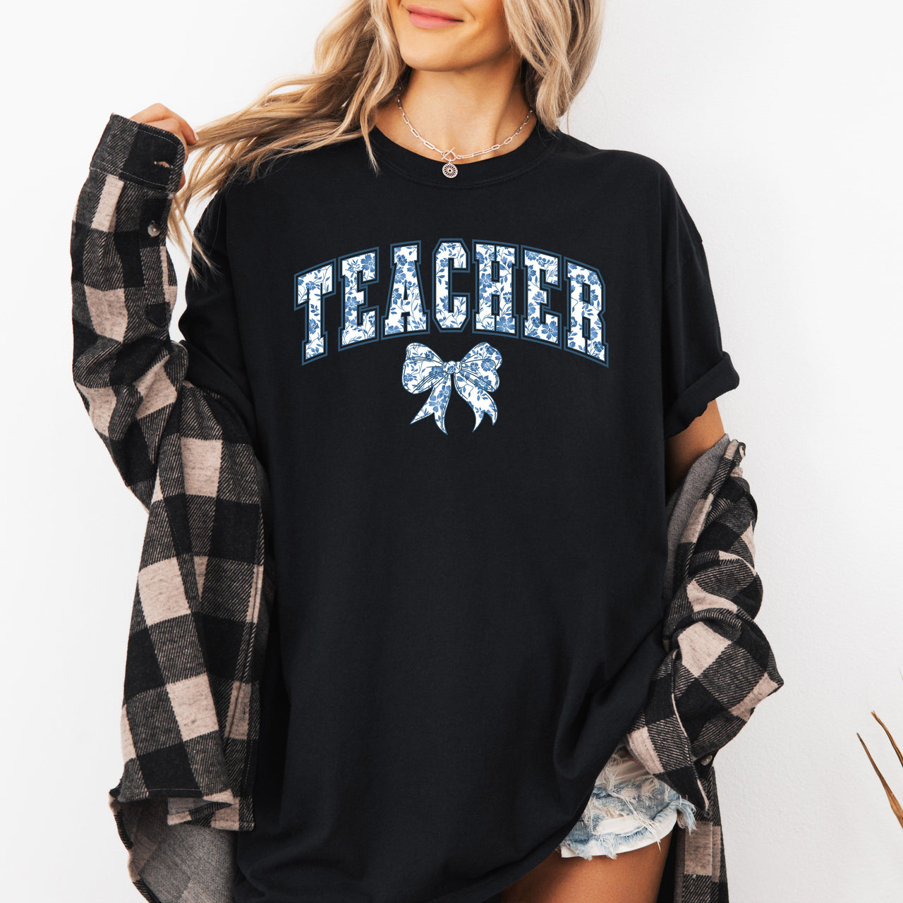 Teacher Goose Blue Floral Bow First Day Of School Teacher Appreciation Coquette Comfort Colors Tee