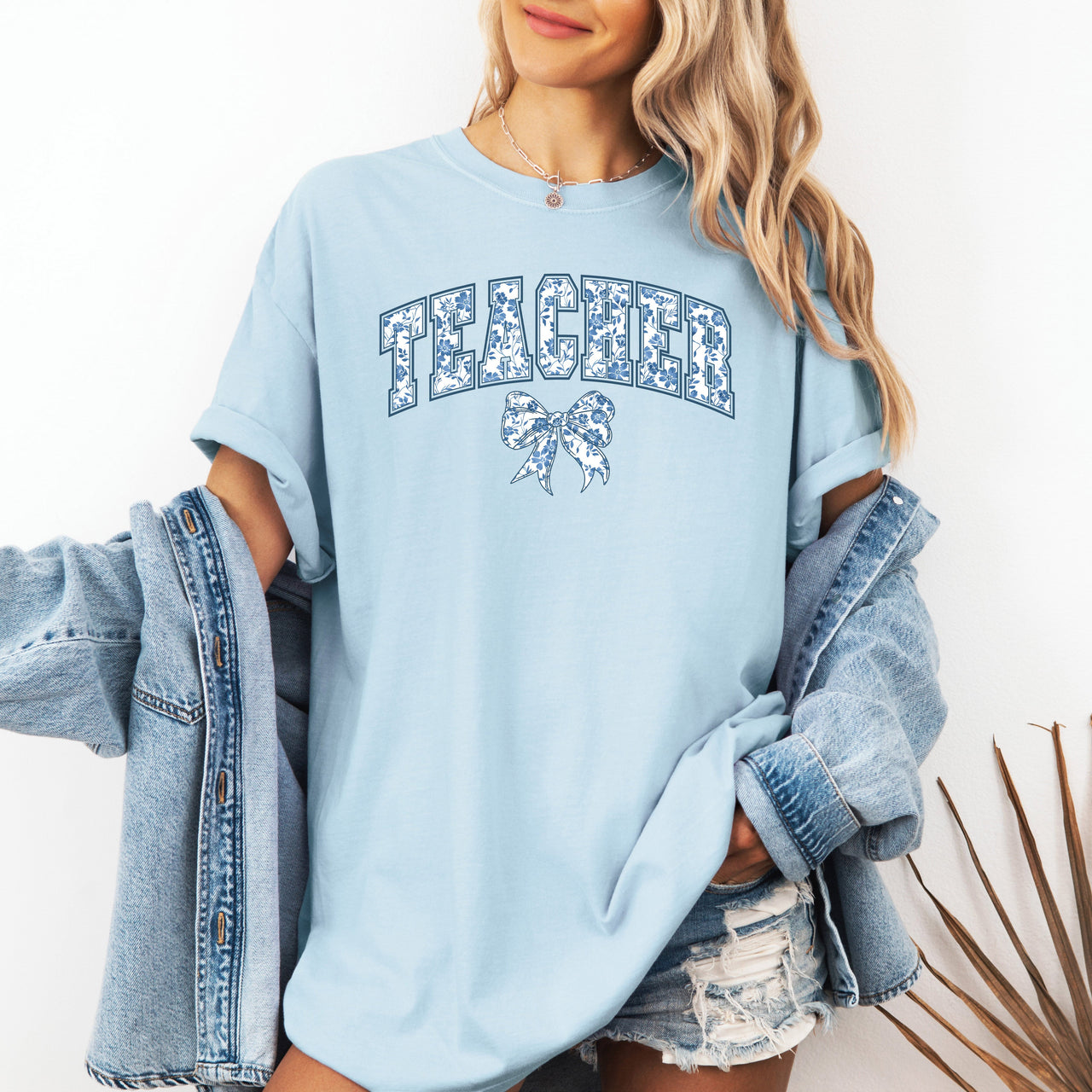 Teacher Goose Blue Floral Bow First Day Of School Teacher Appreciation Coquette Comfort Colors Tee