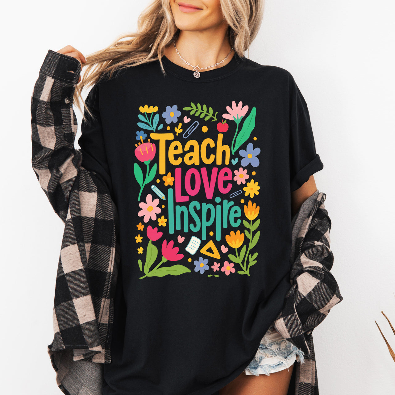 Teach Love Inspire Floral Boho Retro First Day of School Teacher Appreciation Coquette Comfort Colors Tee