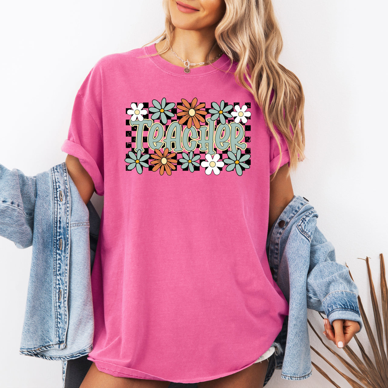 Teacher Checkered Floral Boho Retro First Day Of School Teacher Appreciation Coquette Comfort Colors Tee