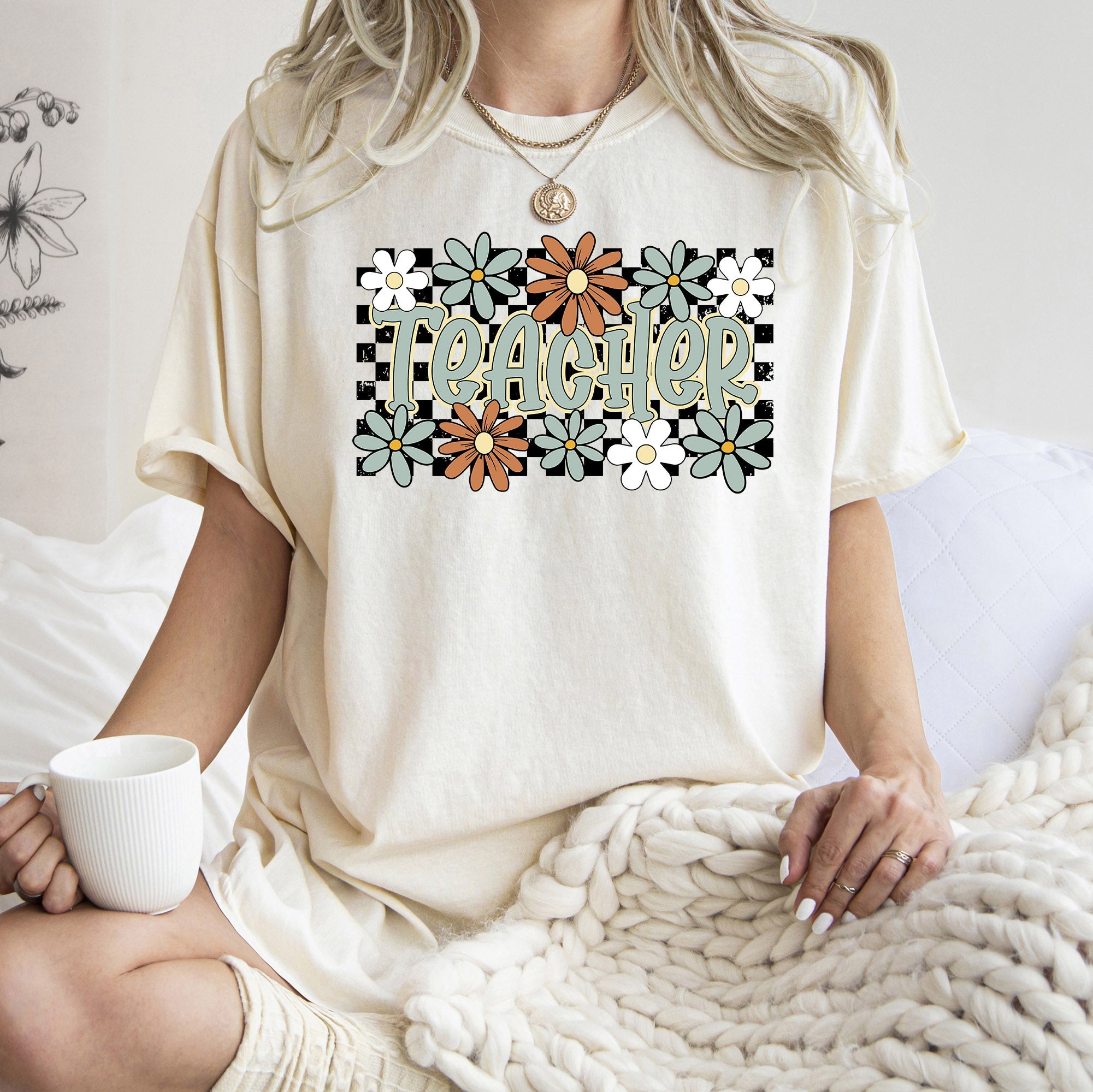 Teacher Checkered Floral Boho Retro First Day Of School Teacher Appreciation Coquette Comfort Colors Tee