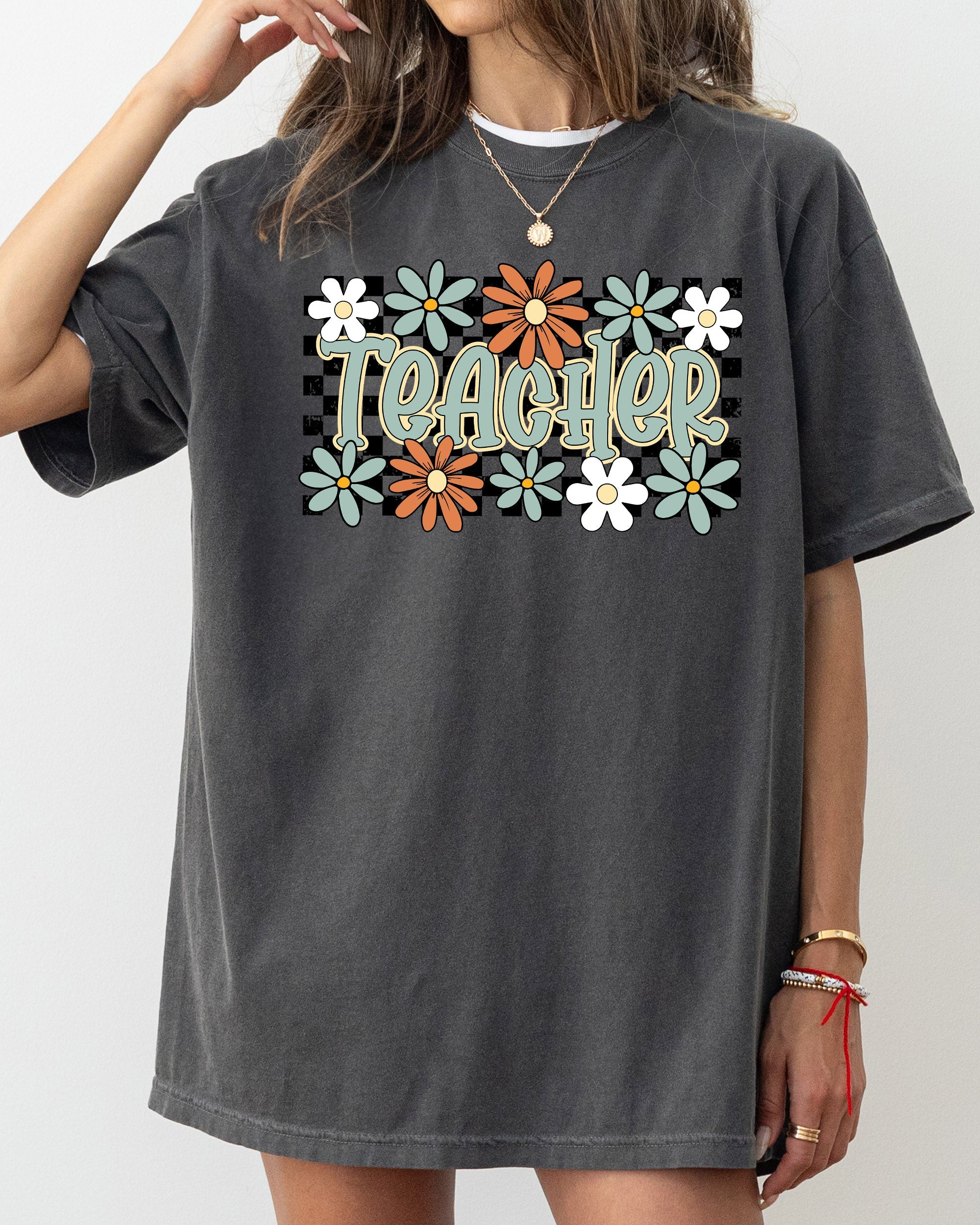 Teacher Checkered Floral Boho Retro First Day Of School Teacher Appreciation Coquette Comfort Colors Tee