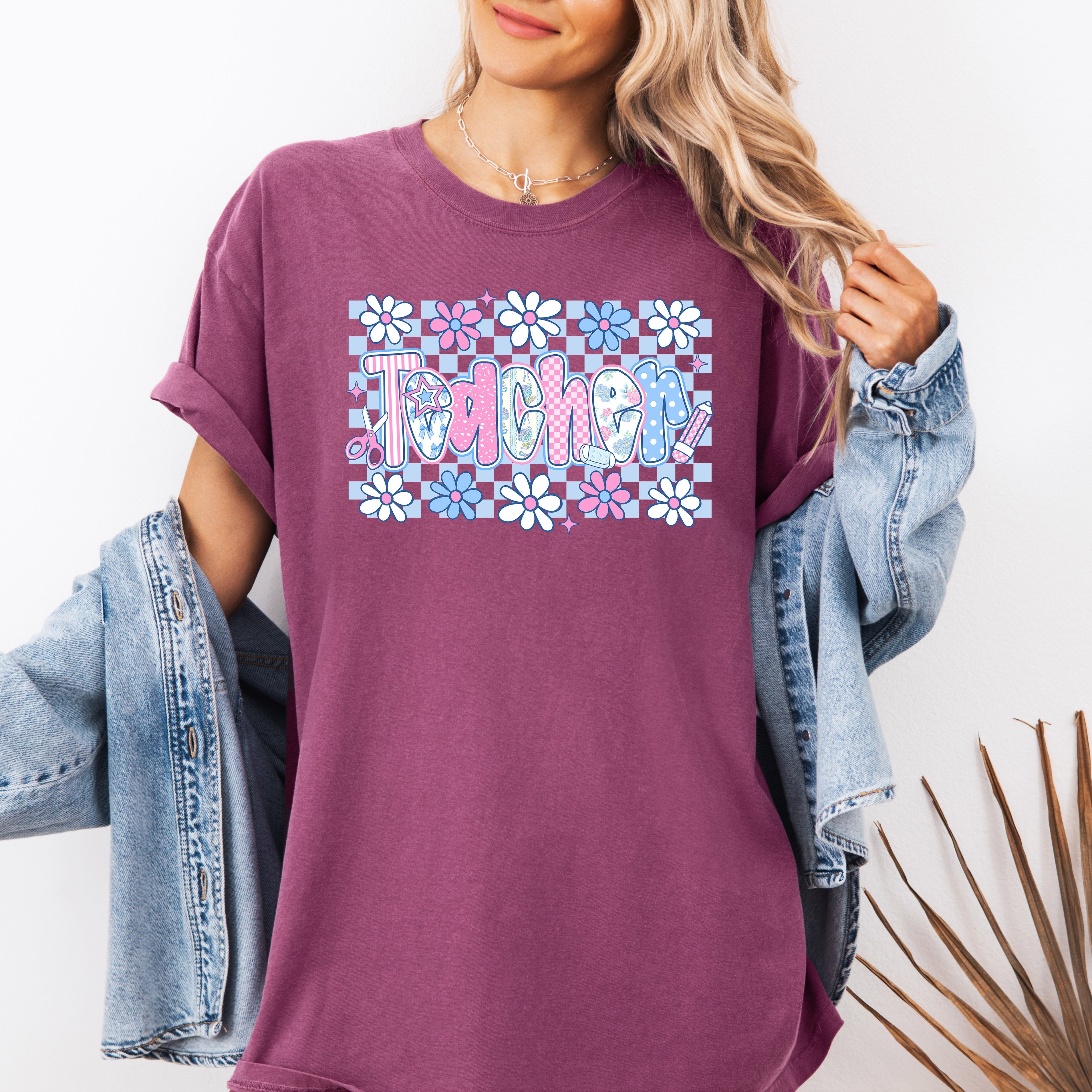 Floral Checkered Retro Bow First Day Back To School Teacher Appreciation Comfort Colors Tee