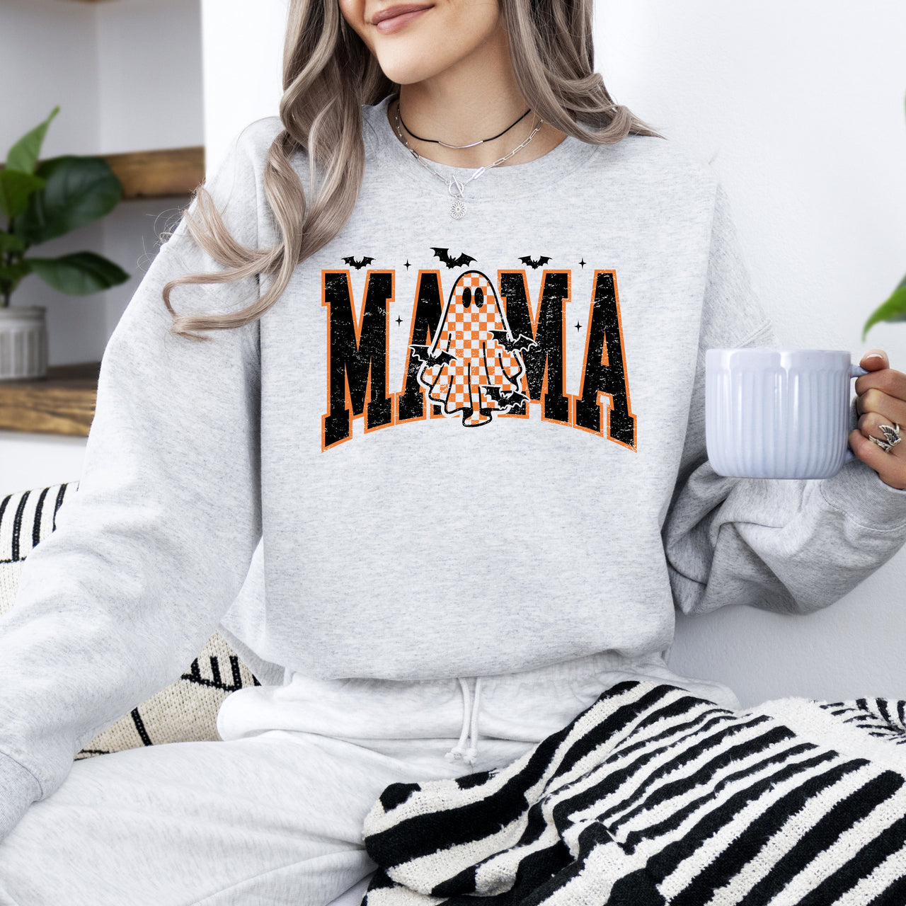 Halloween Mama Ghost Checkered Leopard Pumpkin Vintage Retro Spooky Pattern Graphic Sweatshirt