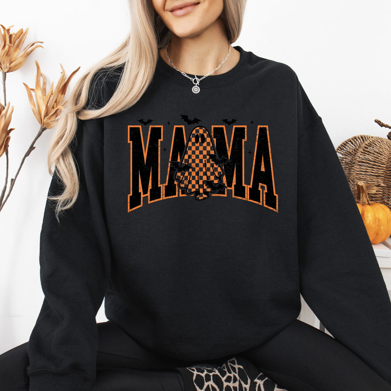 Halloween Mama Ghost Checkered Leopard Pumpkin Vintage Retro Spooky Pattern Graphic Sweatshirt