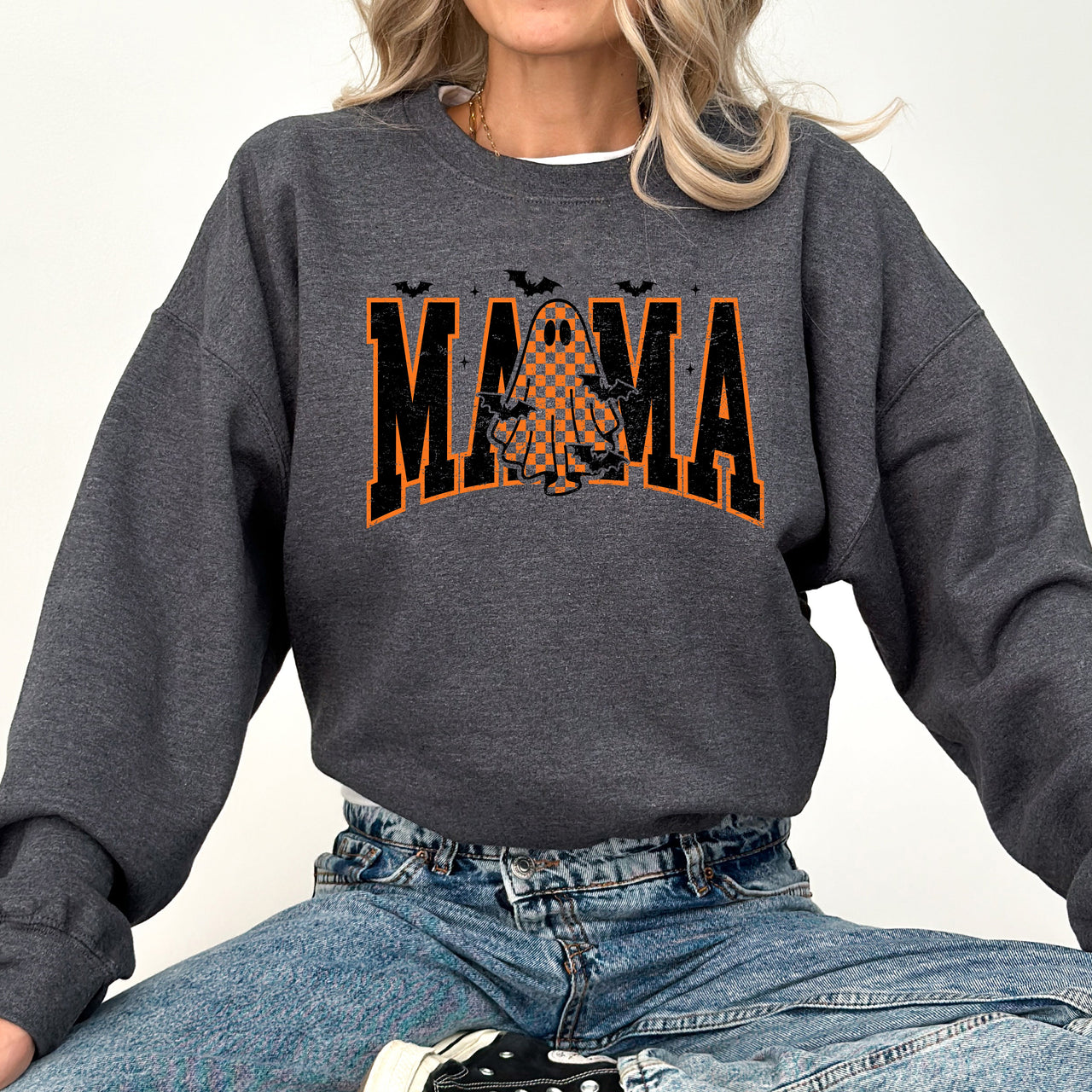 Halloween Mama Ghost Checkered Leopard Pumpkin Vintage Retro Spooky Pattern Graphic Sweatshirt
