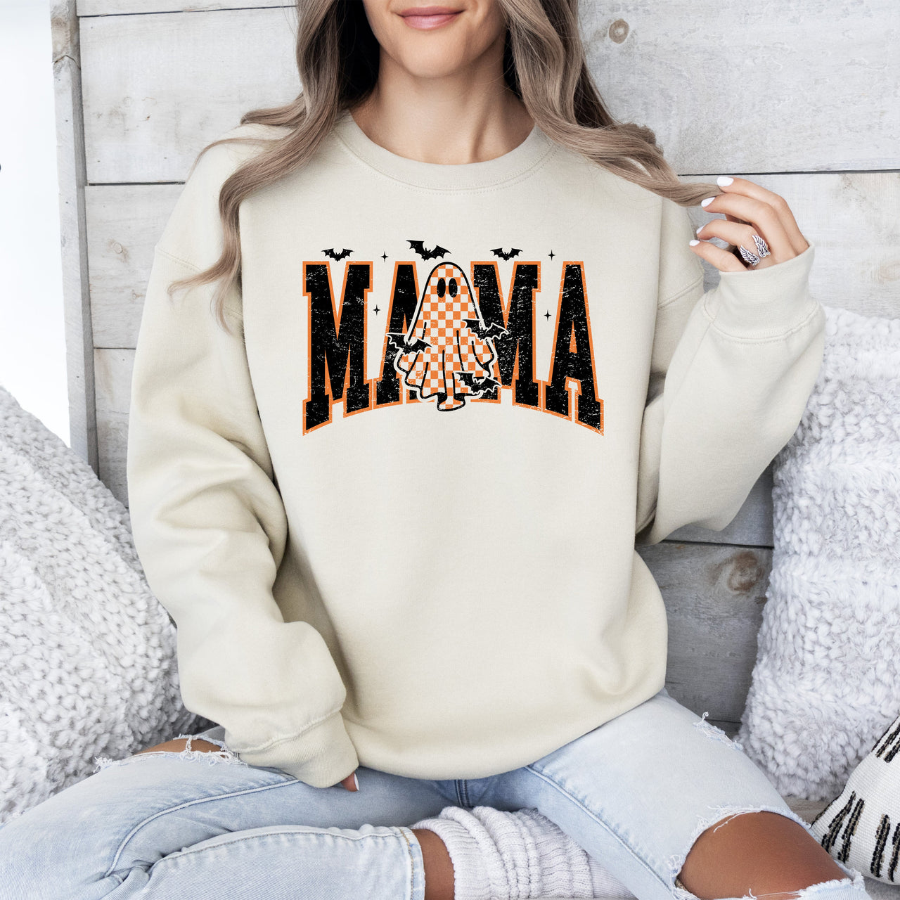 Halloween Mama Ghost Checkered Leopard Pumpkin Vintage Retro Spooky Pattern Graphic Sweatshirt