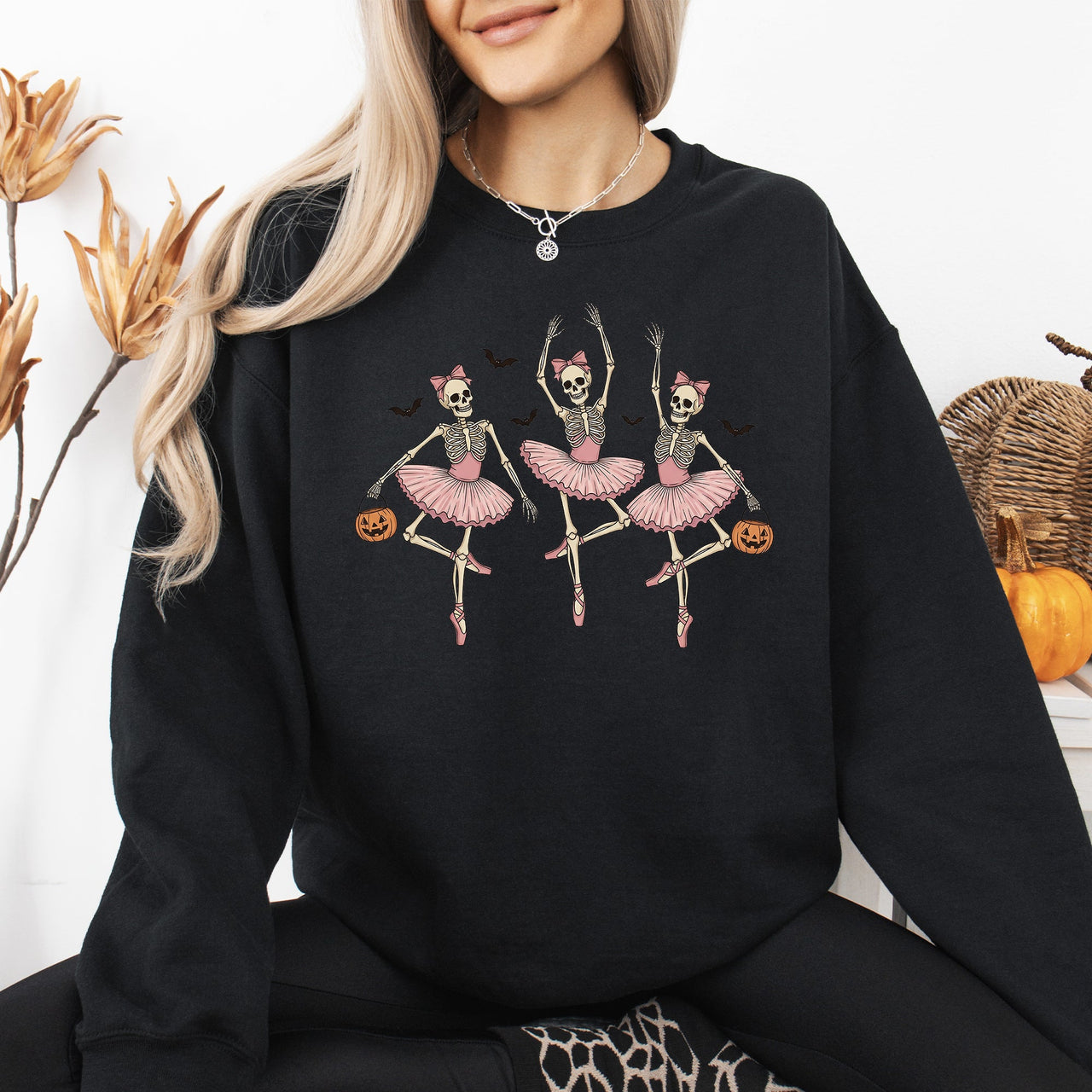 Dancing Skeleton Girls Halloween Ghost Checkered Retro Vintage Spooky Fall Graphic Sweatshirt