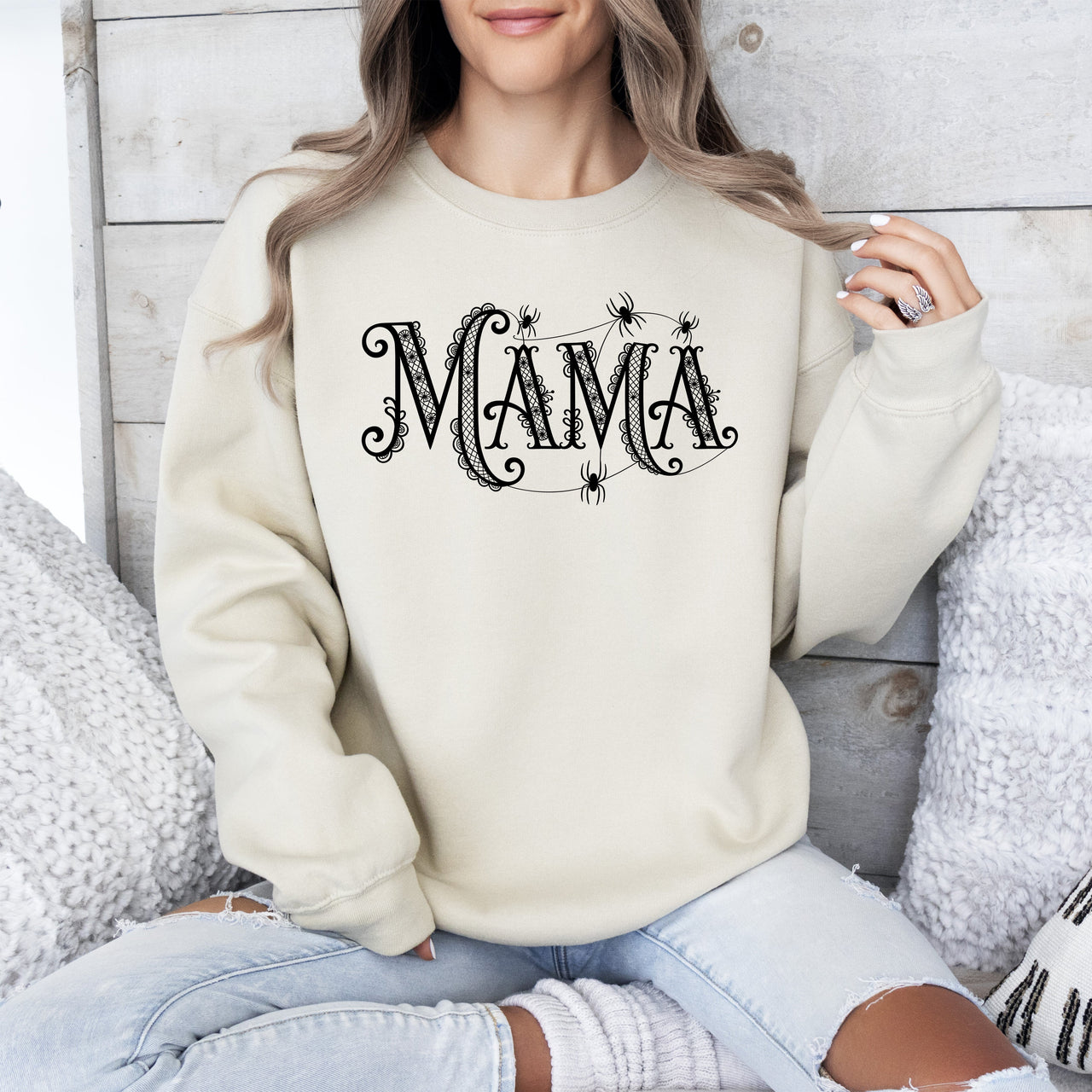 Mama Lace Spiders Halloween Ghost Checkered Retro Vintage Spooky Costume Fall Sweatshirt