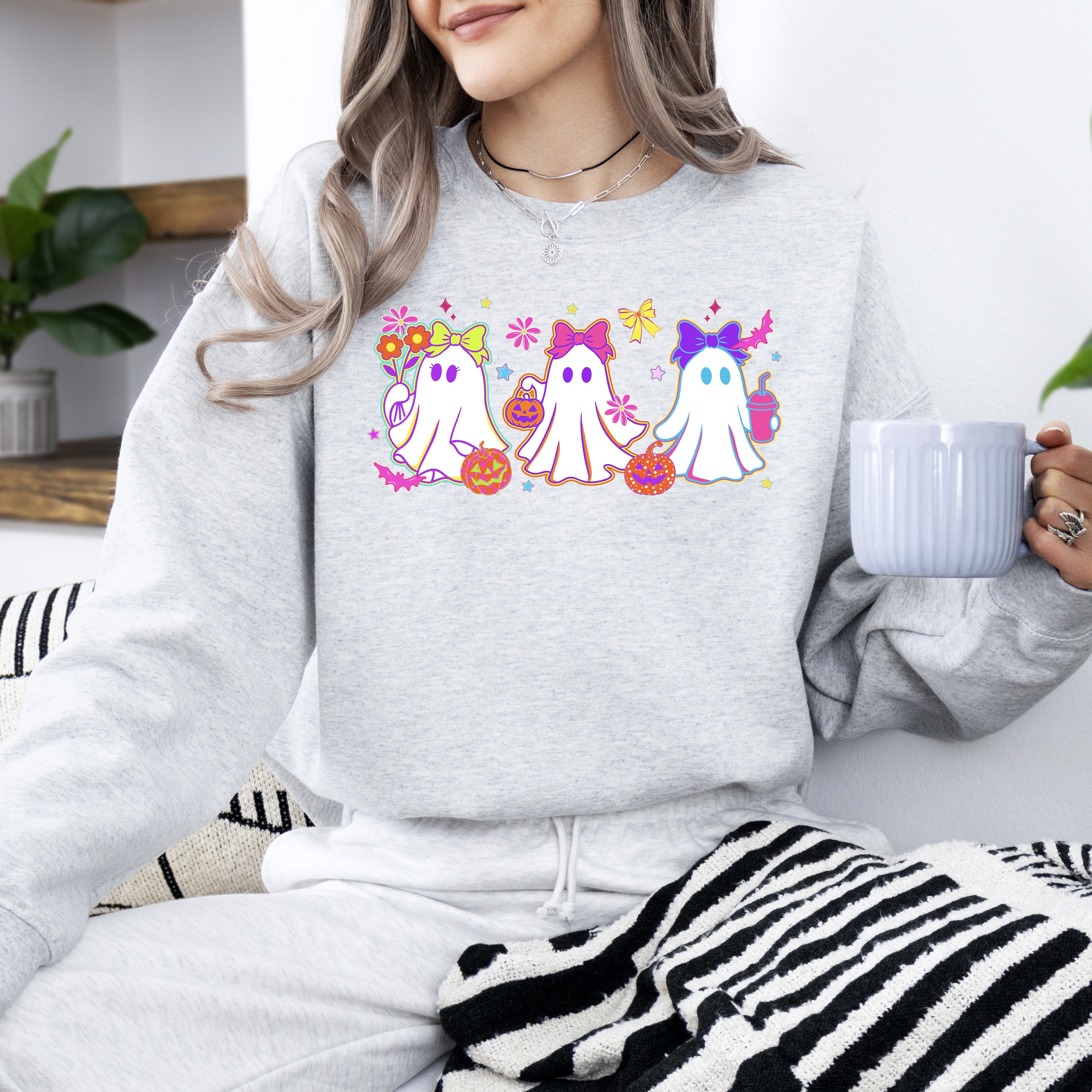 Neon Ghosts Halloween Checkered Retro Vintage Spooky Costume Fall Graphic Sweatshirt