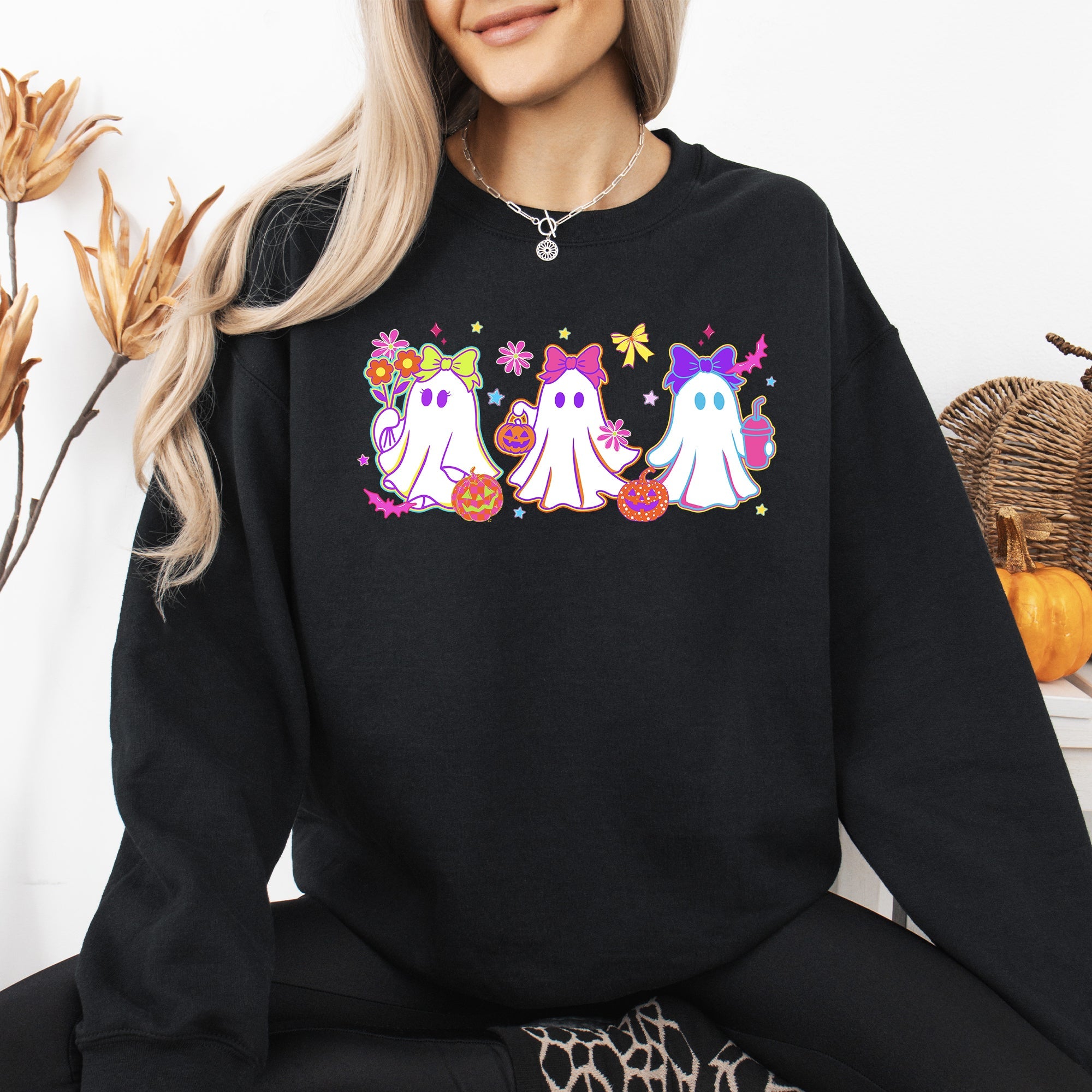 Neon Ghosts Halloween Checkered Retro Vintage Spooky Costume Fall Graphic Sweatshirt